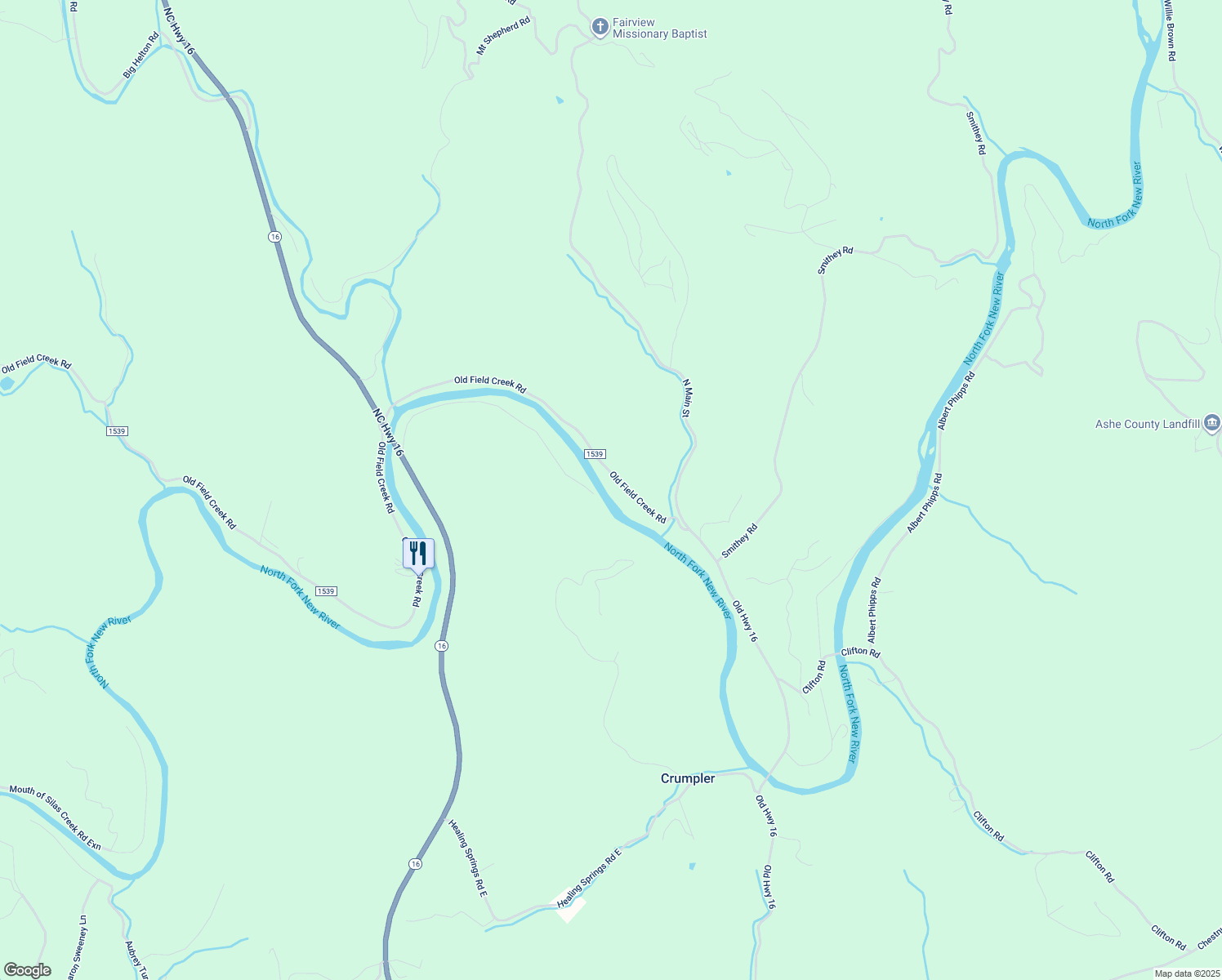 map of restaurants, bars, coffee shops, grocery stores, and more near 401 Old Field Creek Road in Grassy Creek