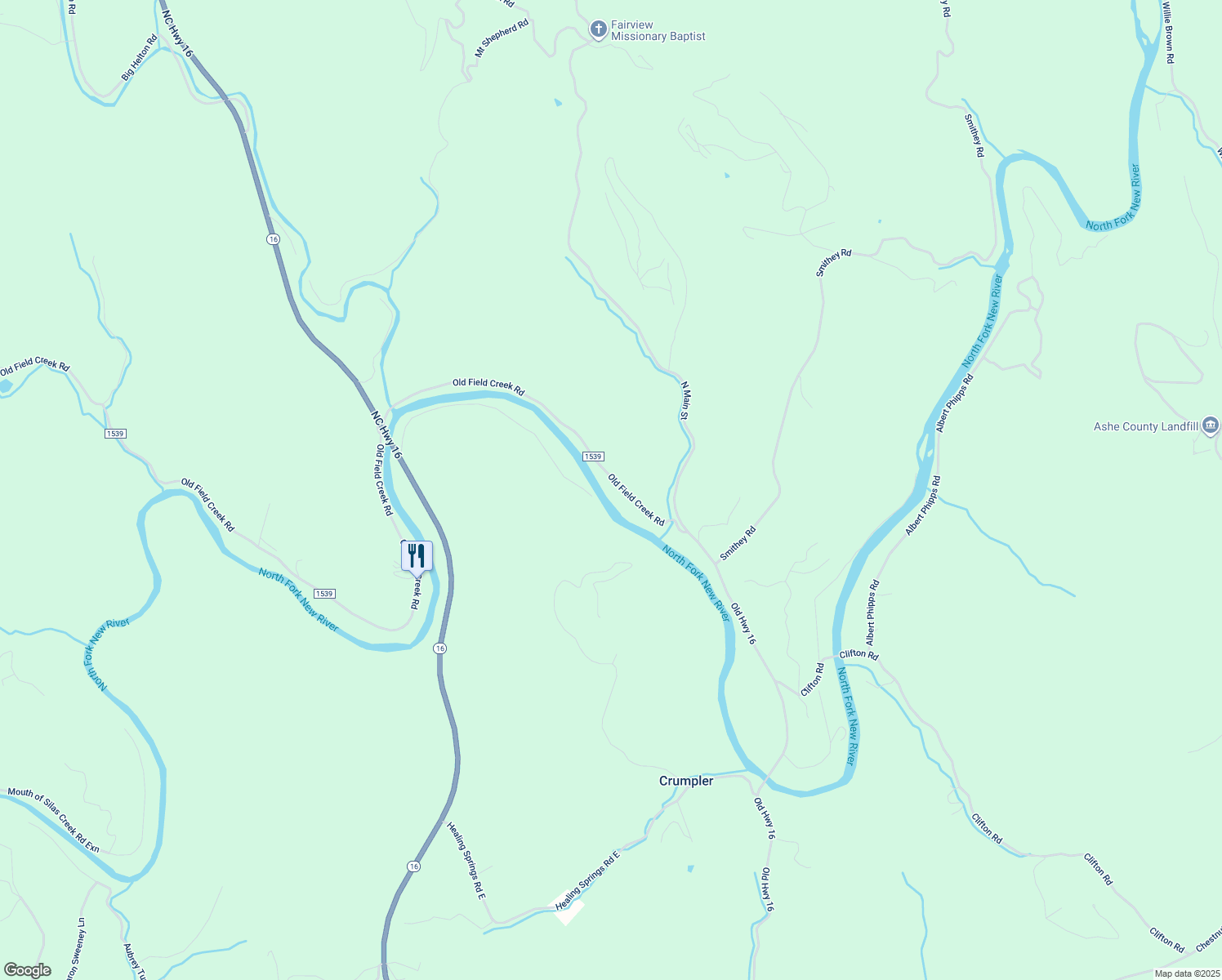 map of restaurants, bars, coffee shops, grocery stores, and more near 401 Old Field Creek Road in Grassy Creek