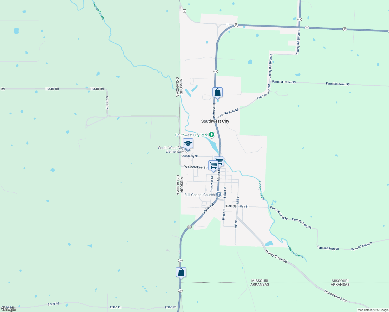 map of restaurants, bars, coffee shops, grocery stores, and more near 201 Academy Street in Southwest City