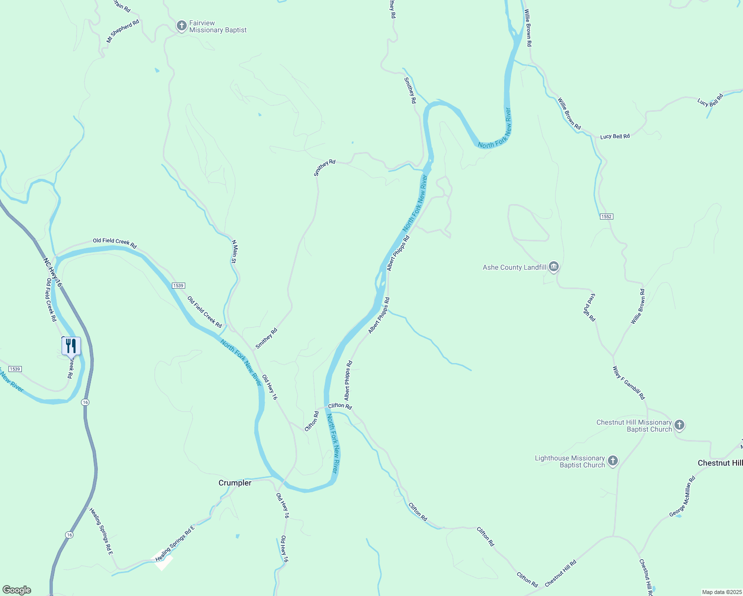 map of restaurants, bars, coffee shops, grocery stores, and more near Riverside Lane in Ashe County