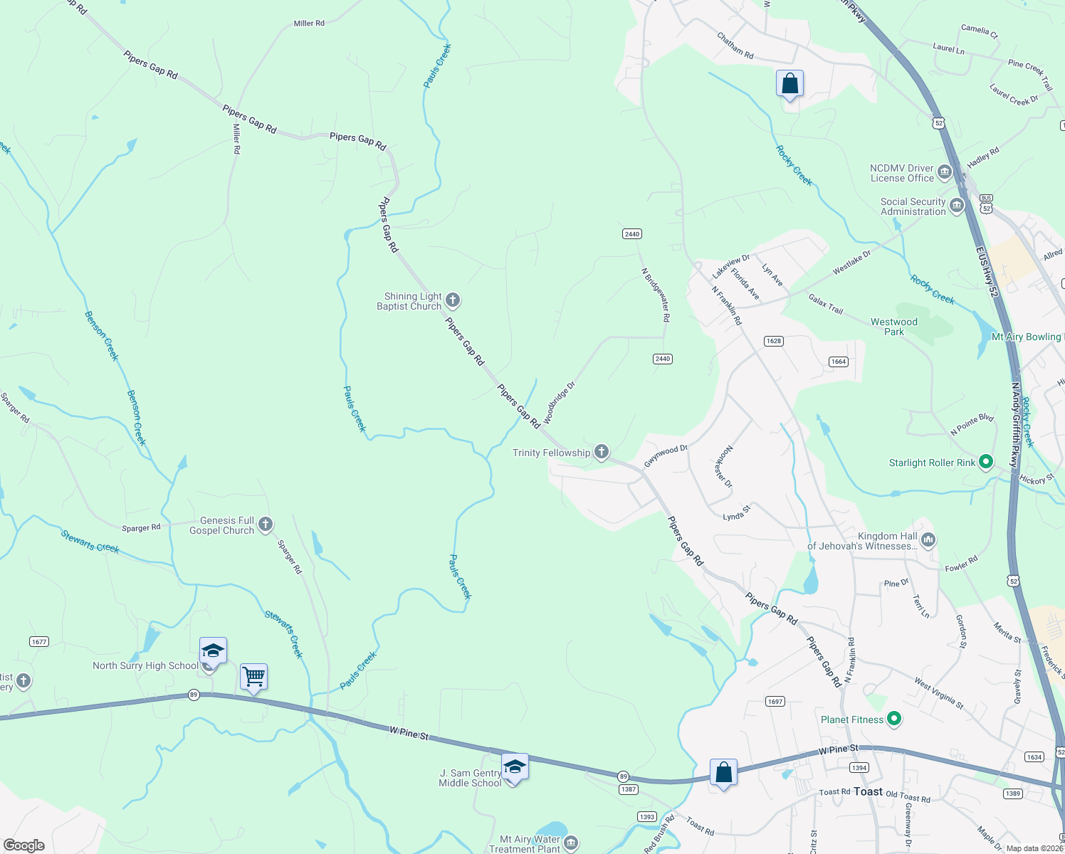 map of restaurants, bars, coffee shops, grocery stores, and more near 823 Pipers Gap Road in Mount Airy