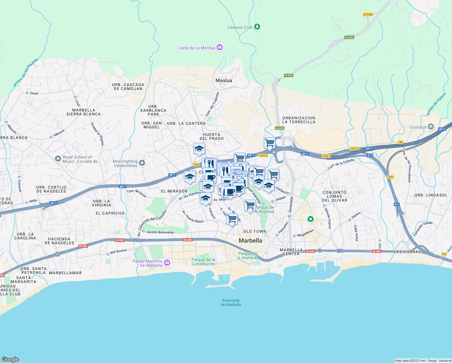 map of restaurants, bars, coffee shops, grocery stores, and more near 24 Camino del Trapiche in Marbella