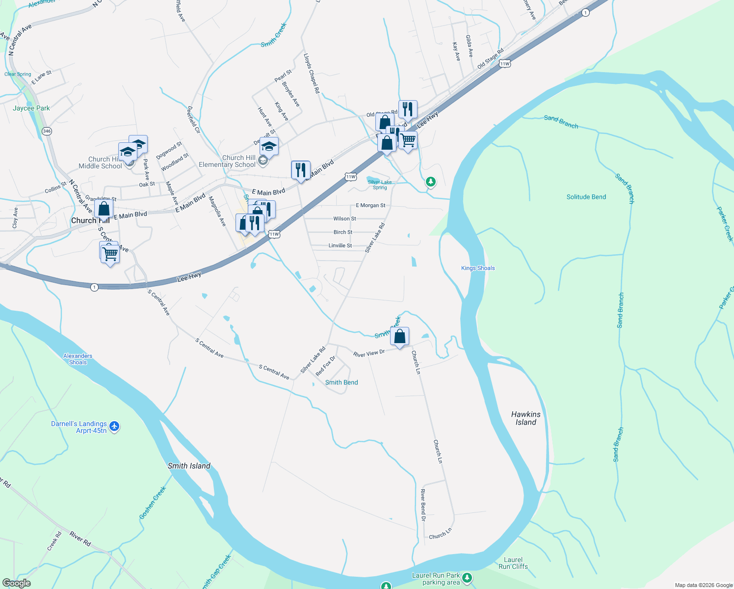 map of restaurants, bars, coffee shops, grocery stores, and more near 373 Silver Lake Rd in Church Hill