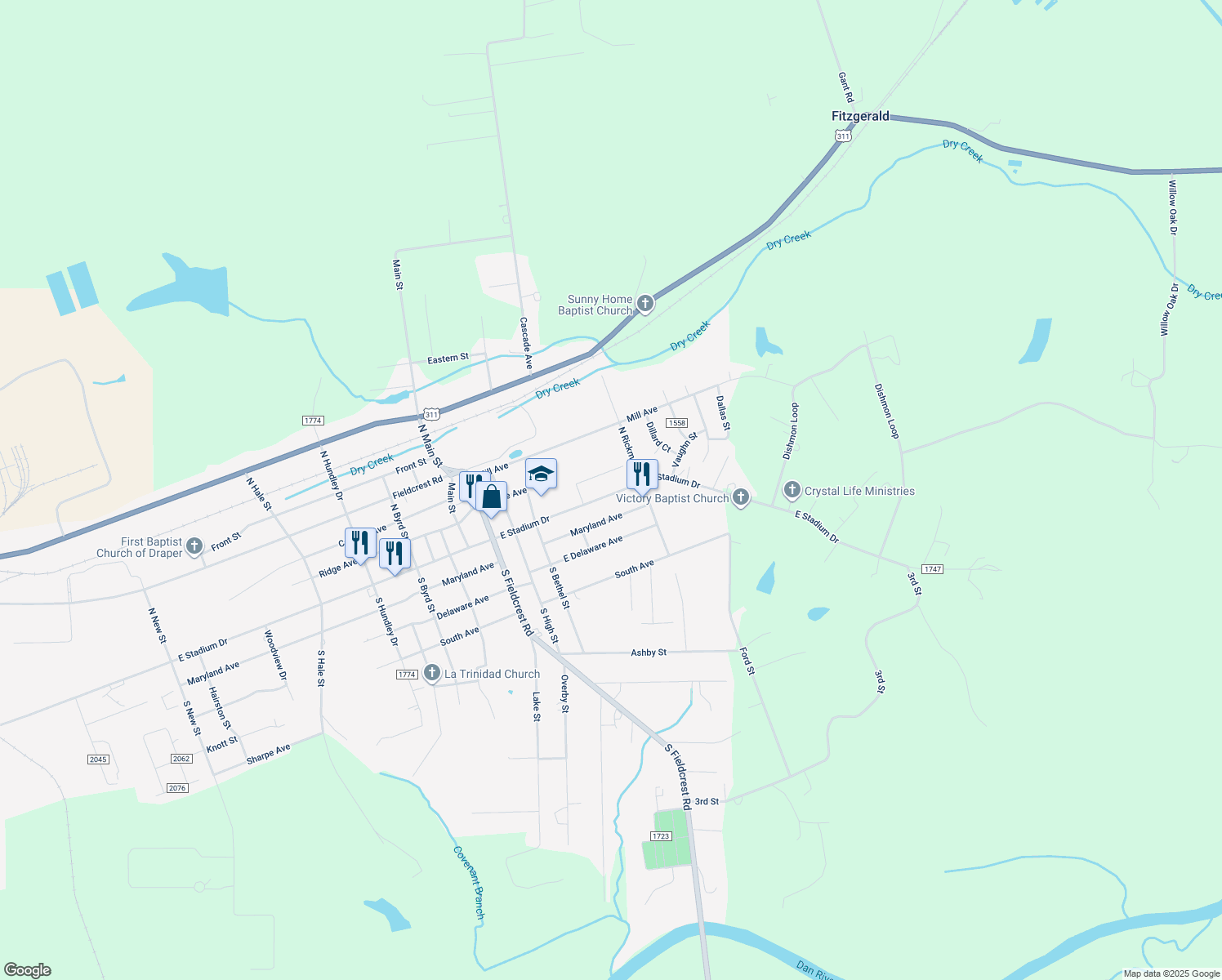 map of restaurants, bars, coffee shops, grocery stores, and more near 1825 E Stadium Dr in Eden