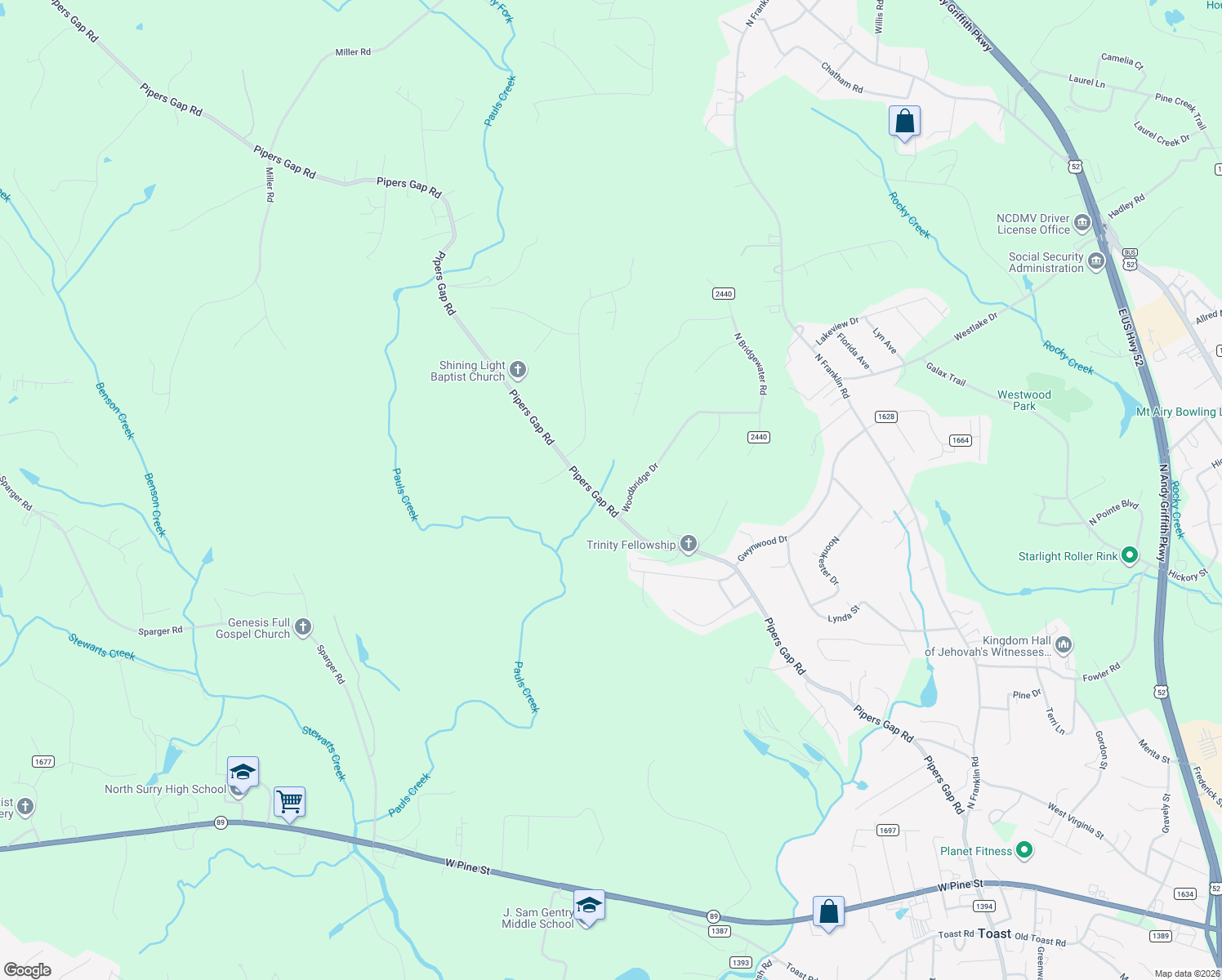 map of restaurants, bars, coffee shops, grocery stores, and more near 823 Pipers Gap Road in Mount Airy