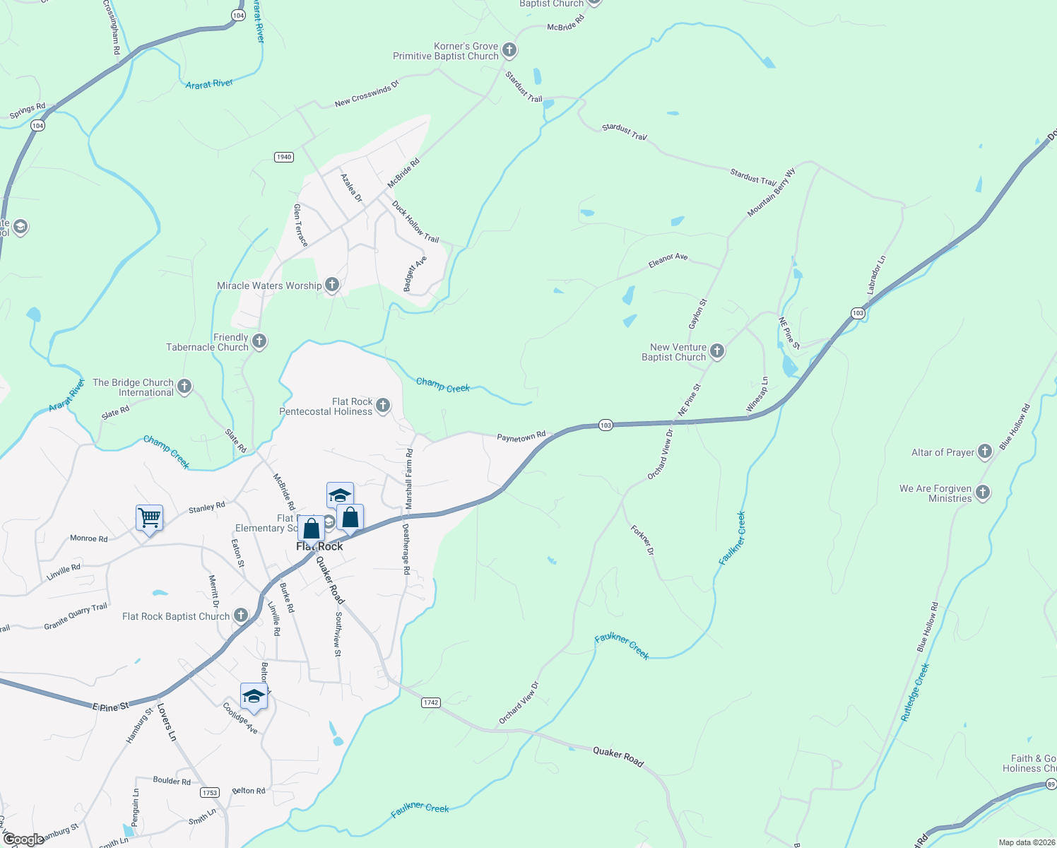 map of restaurants, bars, coffee shops, grocery stores, and more near 190 Paynetown Road in Mount Airy
