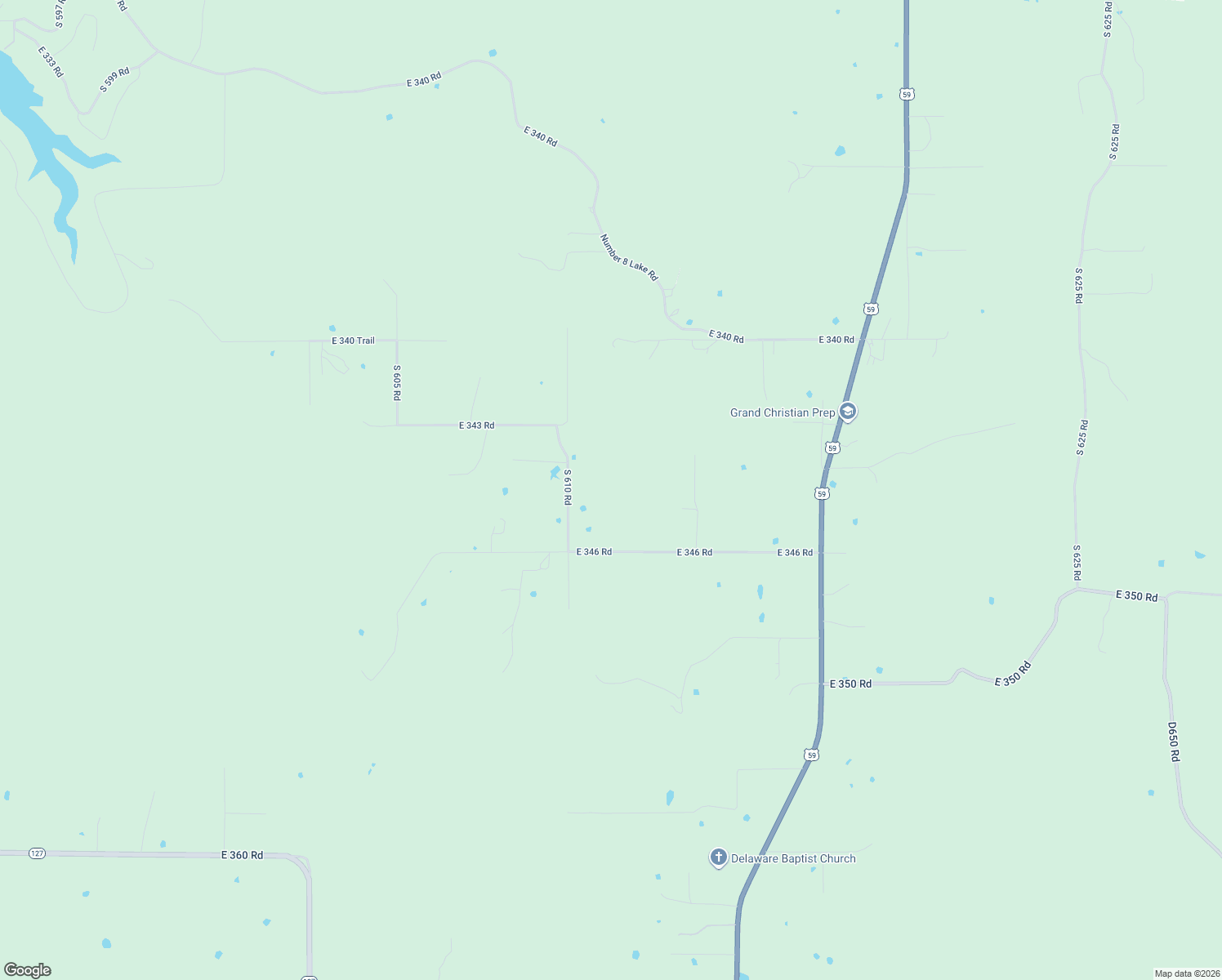 map of restaurants, bars, coffee shops, grocery stores, and more near 34400 South 610 Road in Grove