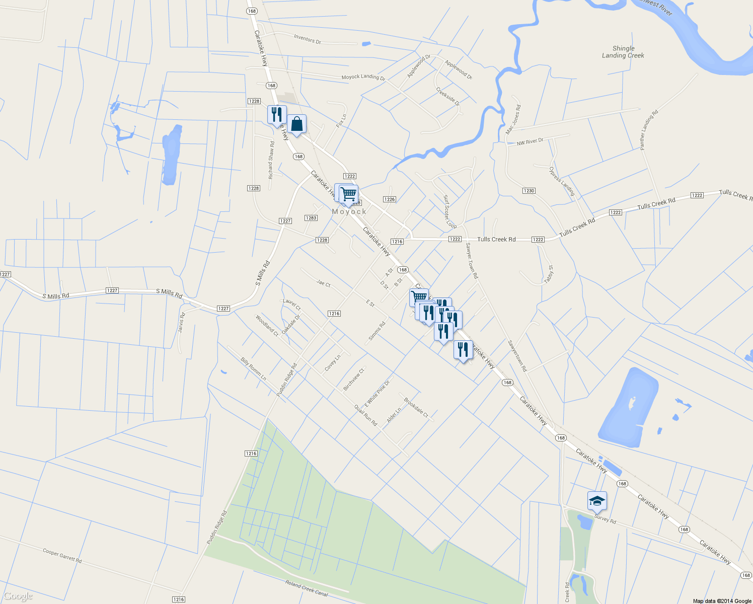 map of restaurants, bars, coffee shops, grocery stores, and more near 140 B St in Currituck