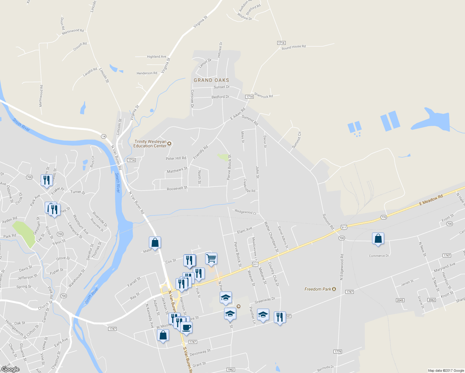map of restaurants, bars, coffee shops, grocery stores, and more near 405 Sherwood Court in Eden