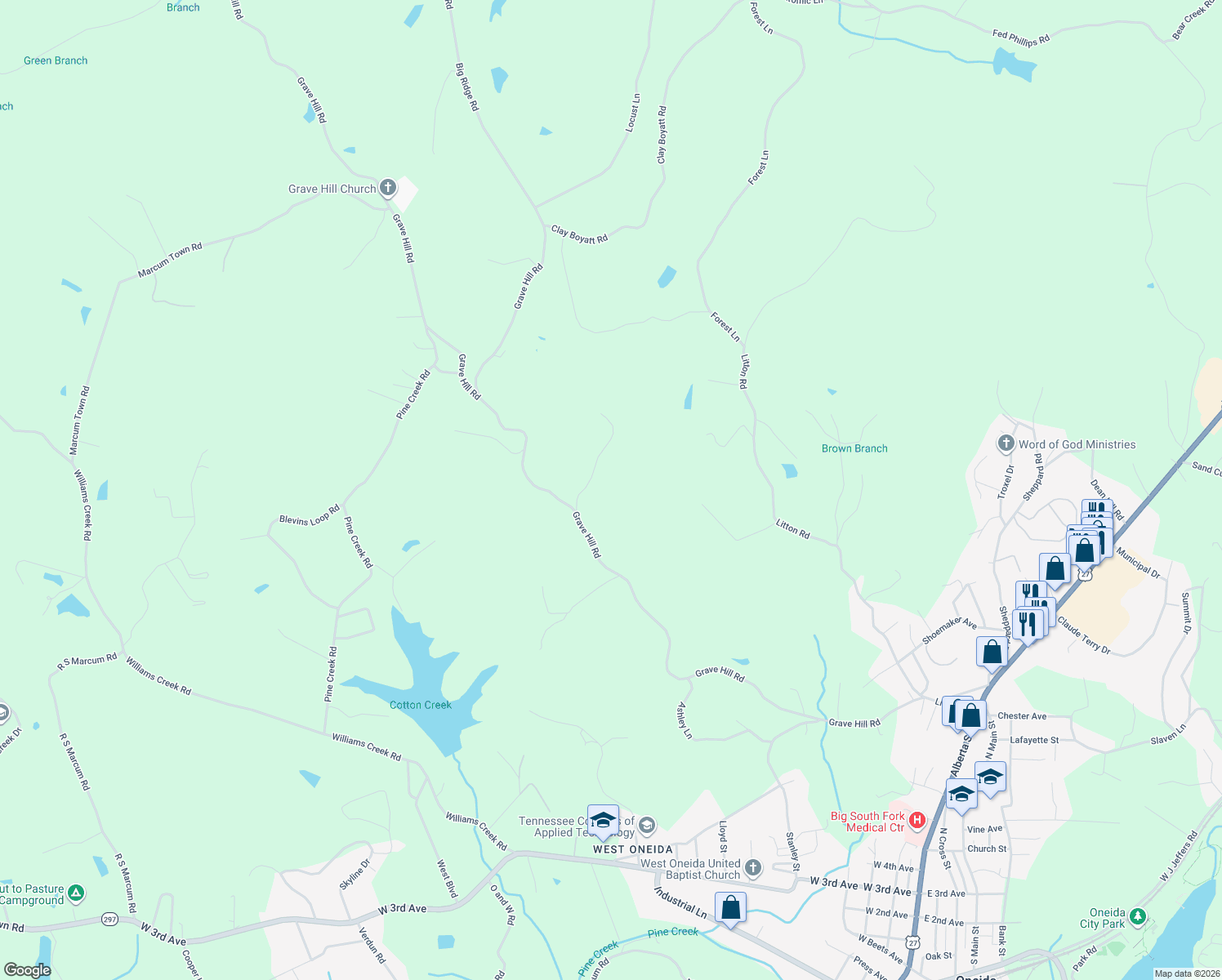 map of restaurants, bars, coffee shops, grocery stores, and more near 178 Stan Reed Lane in Oneida