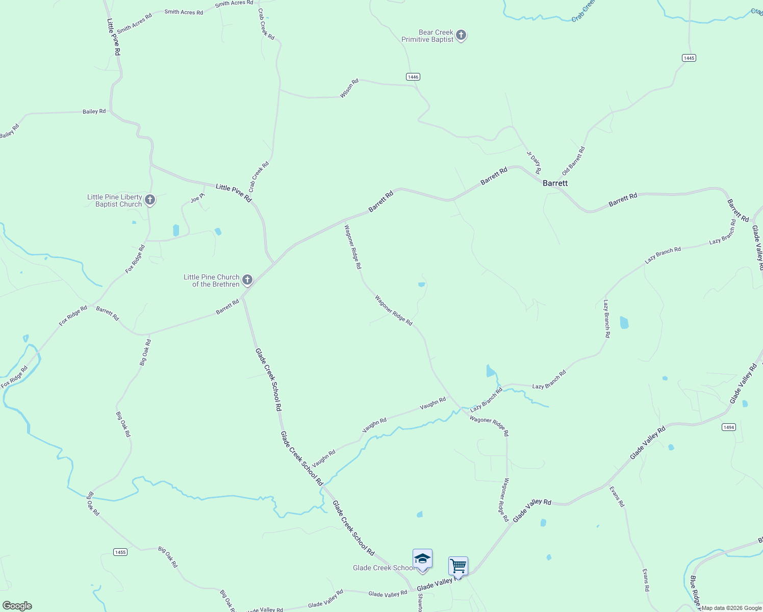 map of restaurants, bars, coffee shops, grocery stores, and more near 1345 Wagoner Ridge Road in Ennice