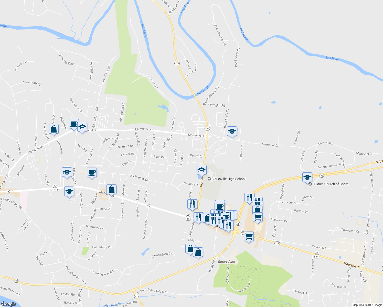 map of restaurants, bars, coffee shops, grocery stores, and more near 2279 Dewitt Drive in Clarksville