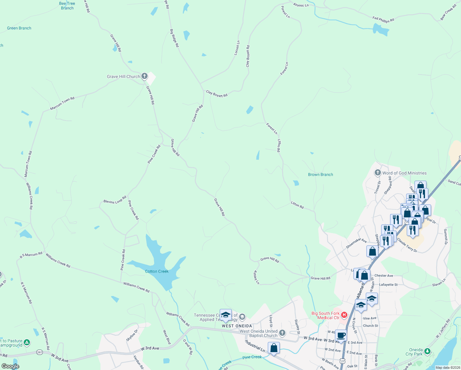 map of restaurants, bars, coffee shops, grocery stores, and more near 178 Stan Reed Lane in Oneida
