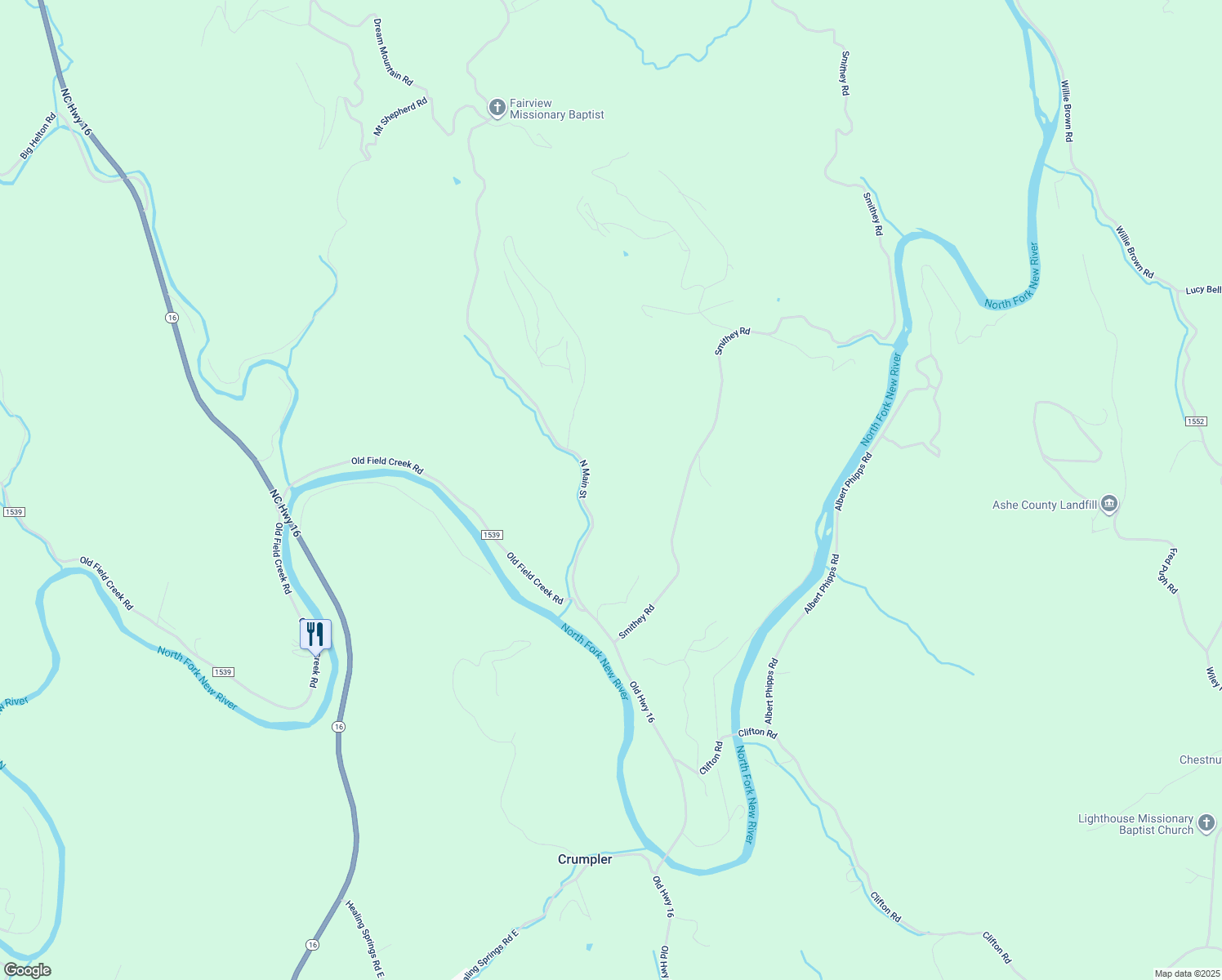 map of restaurants, bars, coffee shops, grocery stores, and more near 10465 North Old North Carolina Highway 16 in Grassy Creek