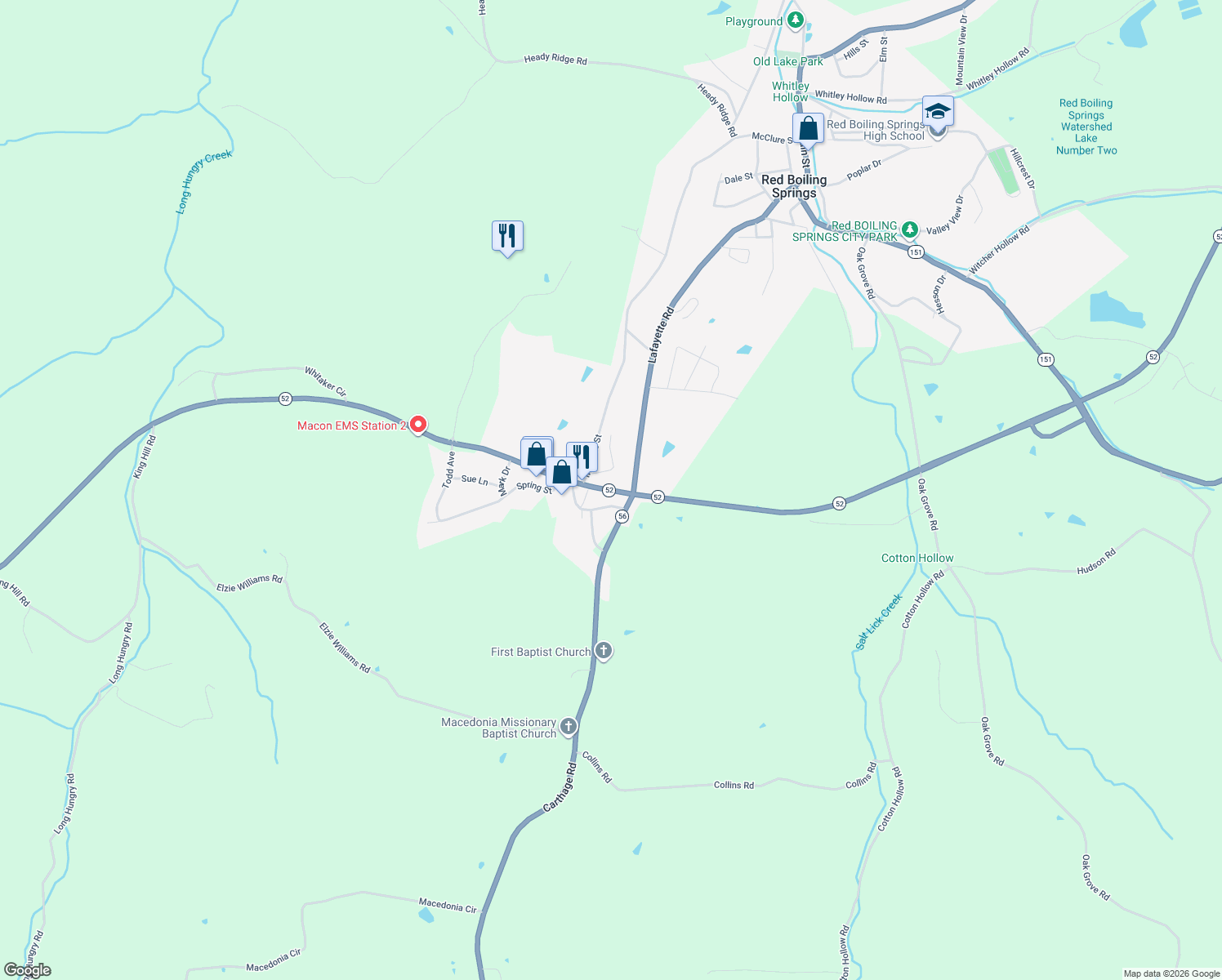 map of restaurants, bars, coffee shops, grocery stores, and more near 421 Lafayette Rd in Red Boiling Springs