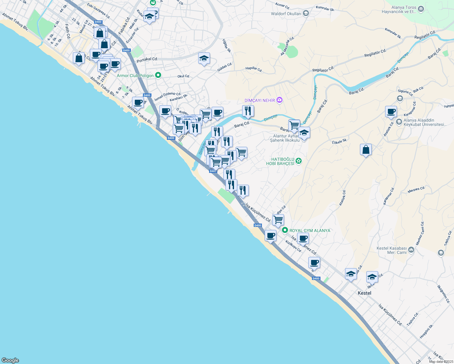 map of restaurants, bars, coffee shops, grocery stores, and more near 4/a Reis Sokak in Alanya