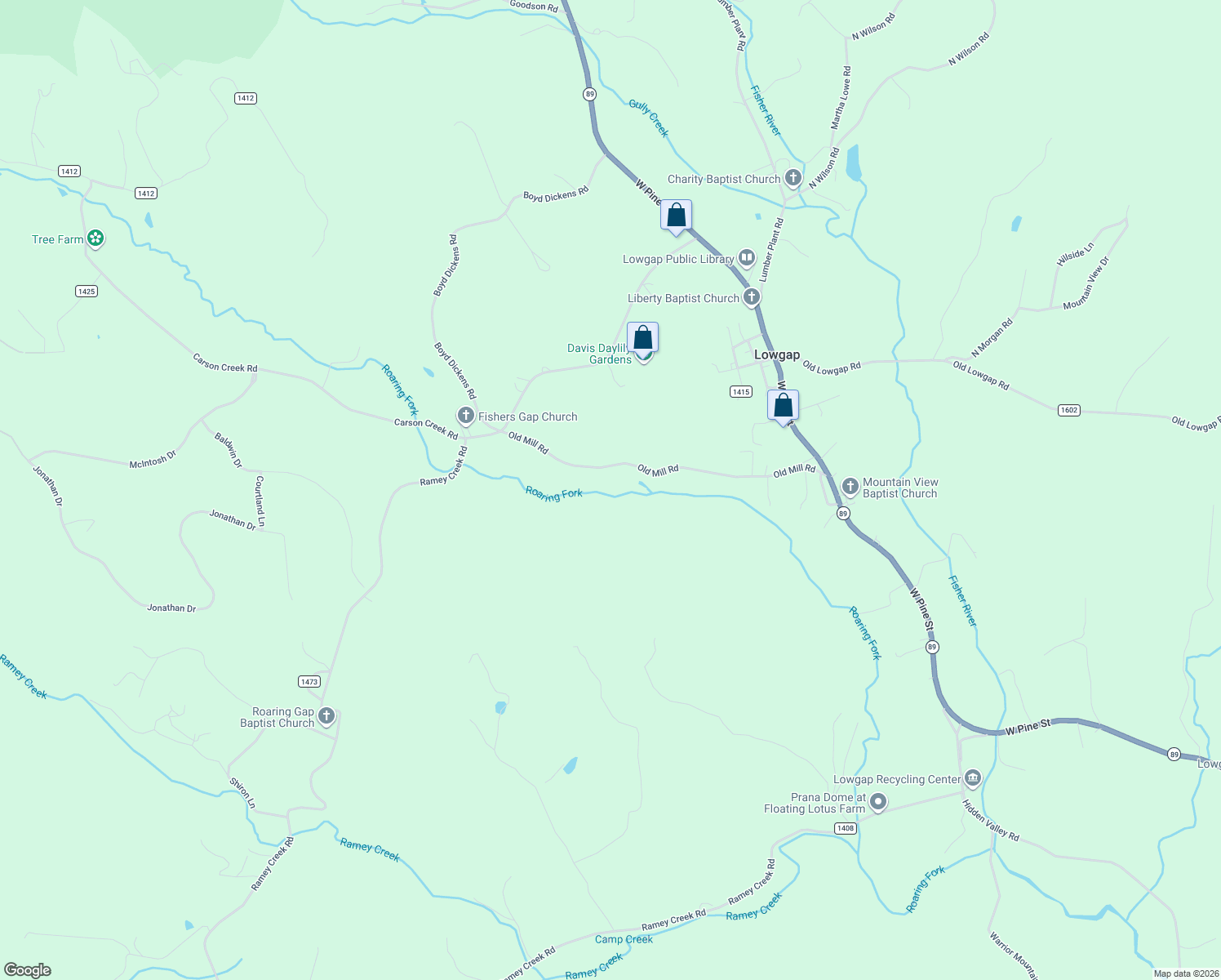 map of restaurants, bars, coffee shops, grocery stores, and more near 418 Old Mill Road in Lowgap