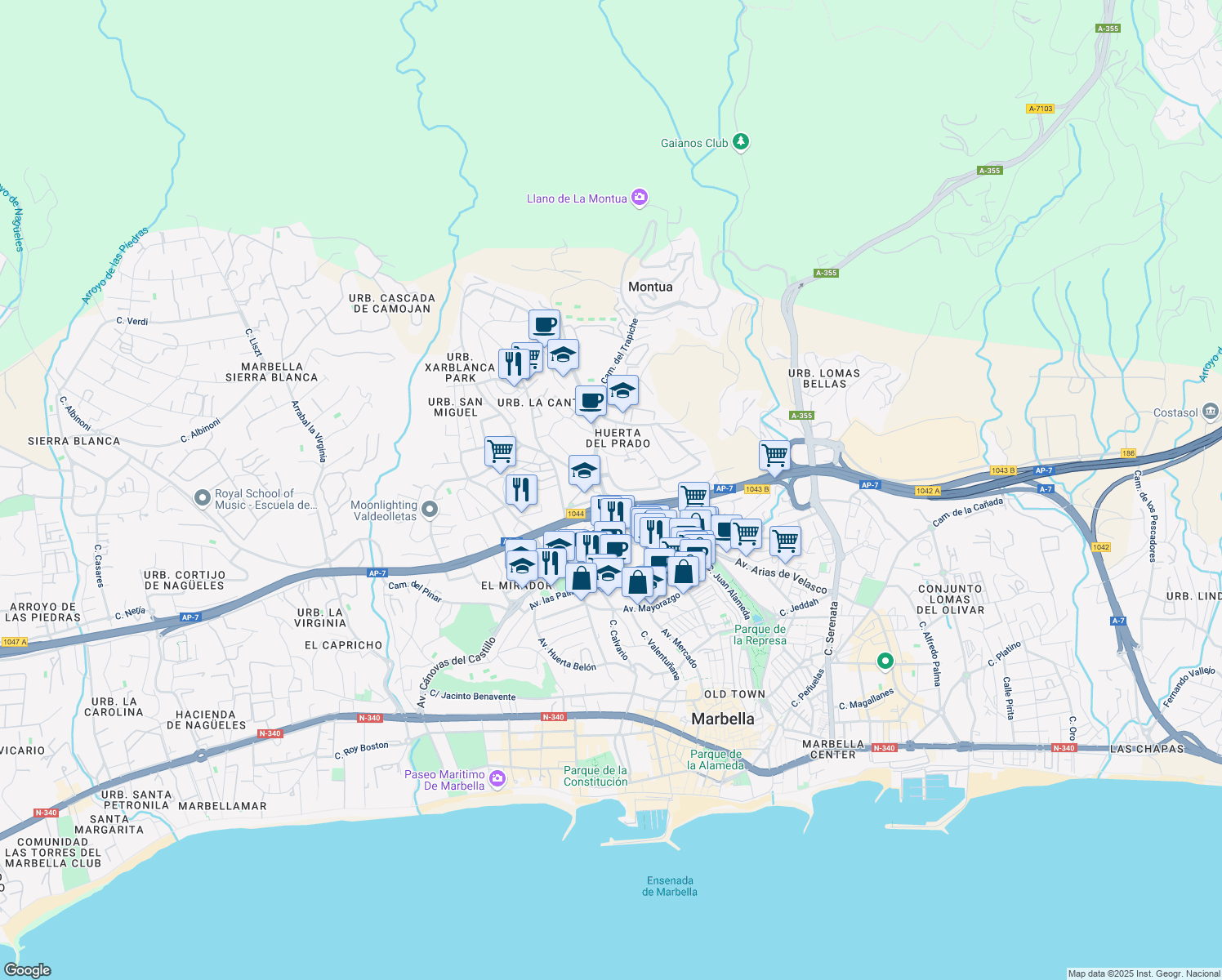 map of restaurants, bars, coffee shops, grocery stores, and more near 3 Avenida de la Florida in Marbella
