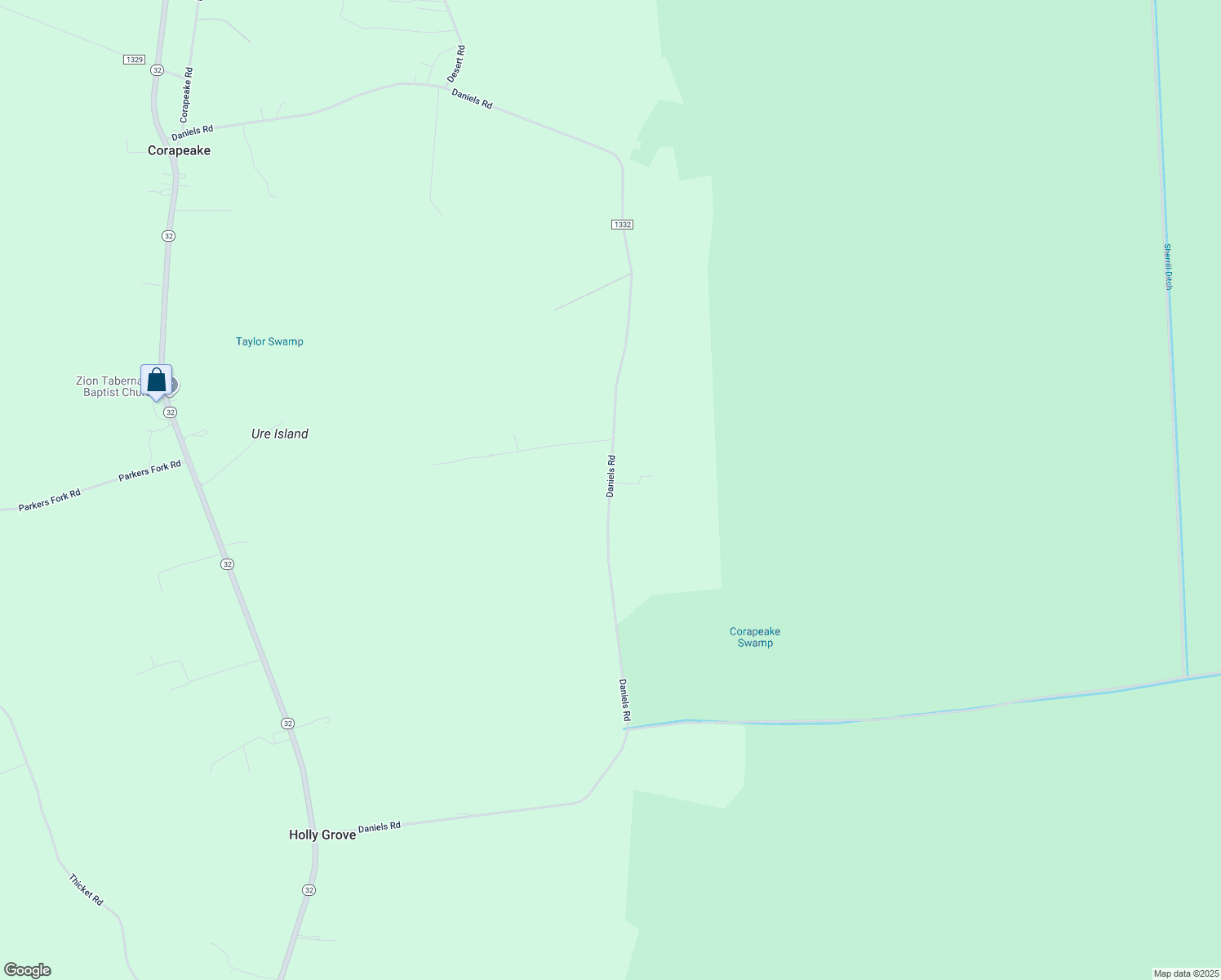 map of restaurants, bars, coffee shops, grocery stores, and more near Daniels Road in Corapeake