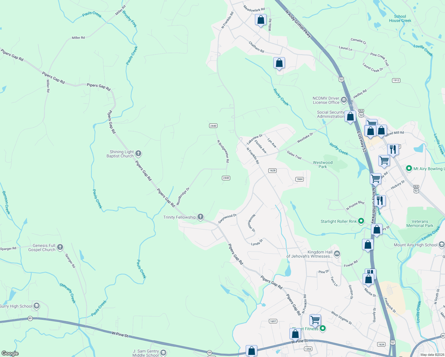 map of restaurants, bars, coffee shops, grocery stores, and more near 132 South Bridgewater Road in Mount Airy