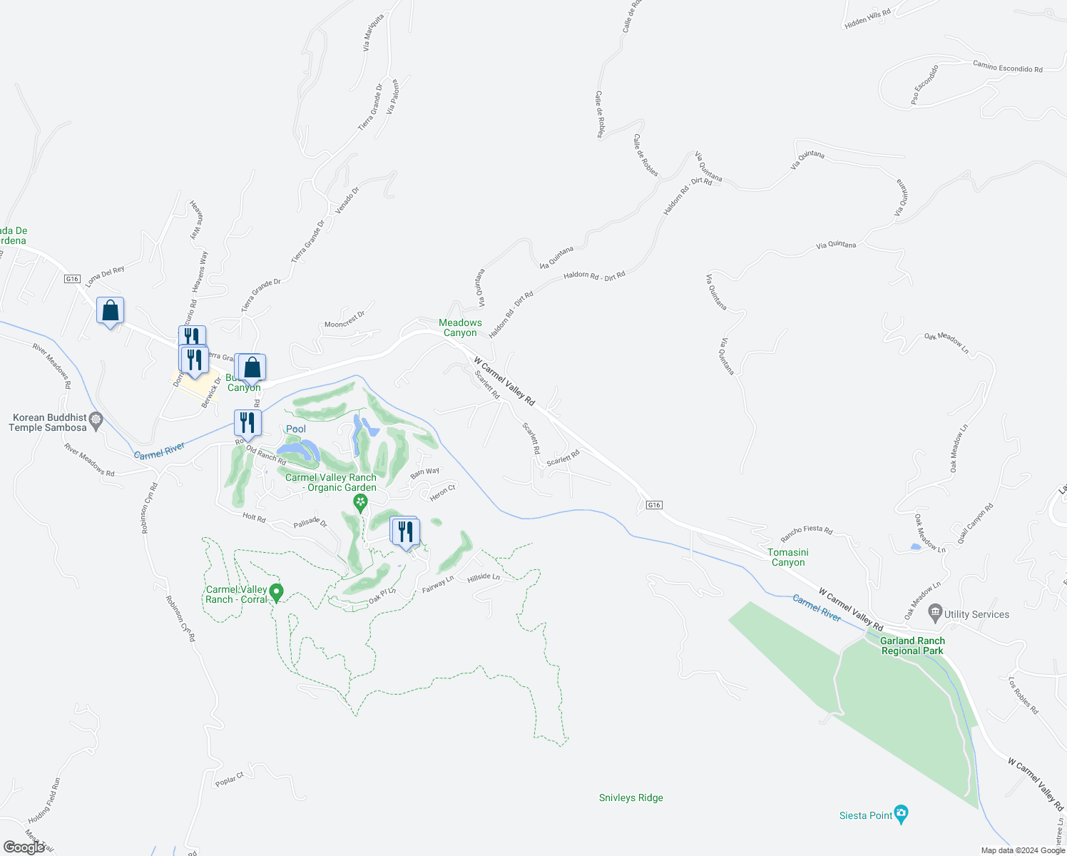 map of restaurants, bars, coffee shops, grocery stores, and more near 16 Scarlett Road in Carmel Valley
