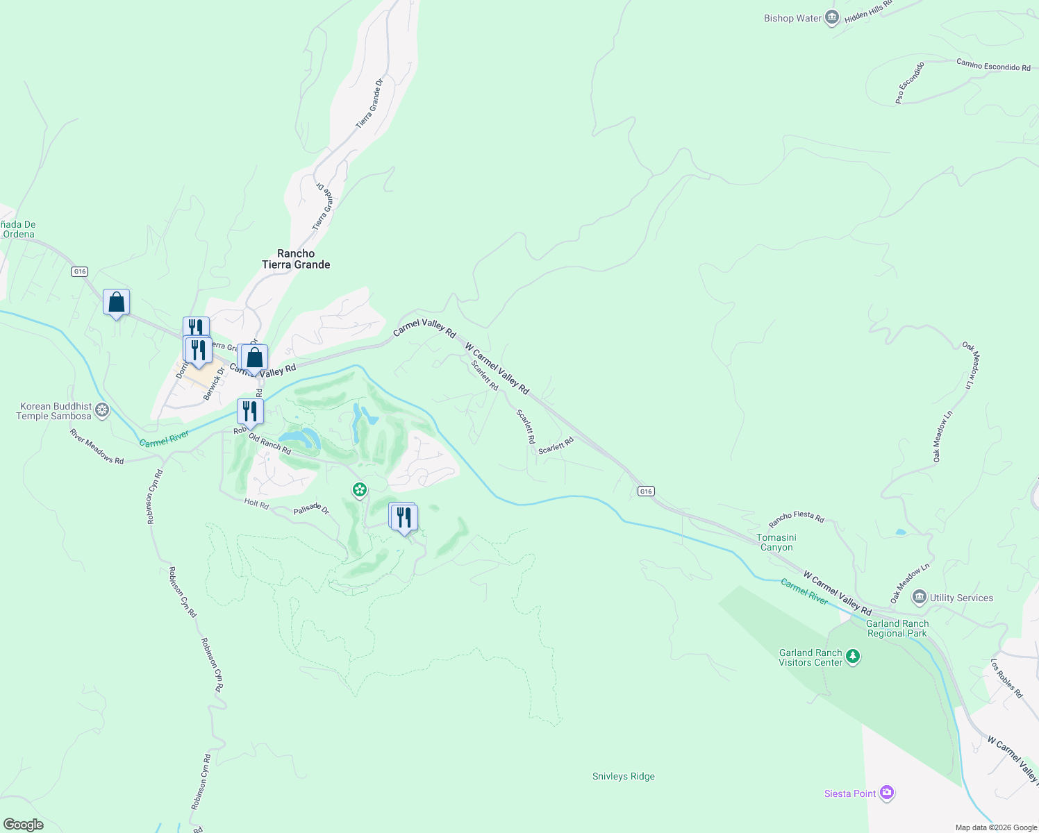map of restaurants, bars, coffee shops, grocery stores, and more near 16 Scarlett Road in Carmel Valley