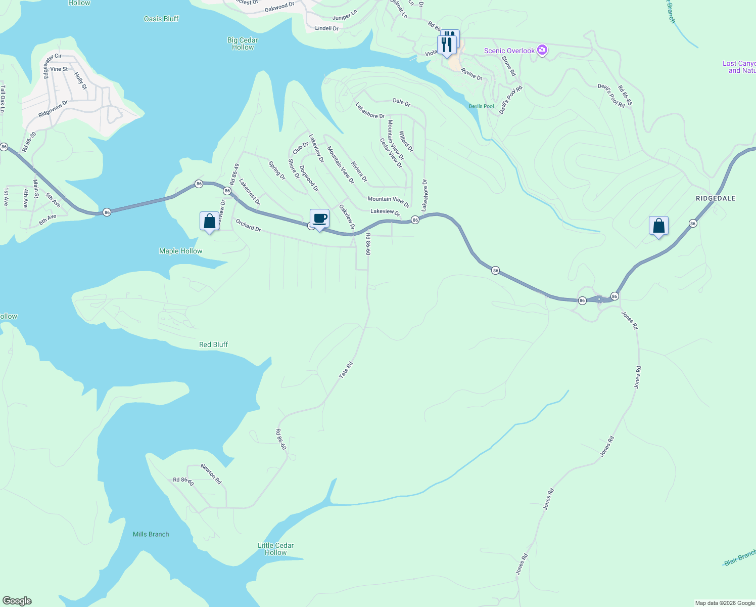 map of restaurants, bars, coffee shops, grocery stores, and more near 501 Road 86-60 in Taney County