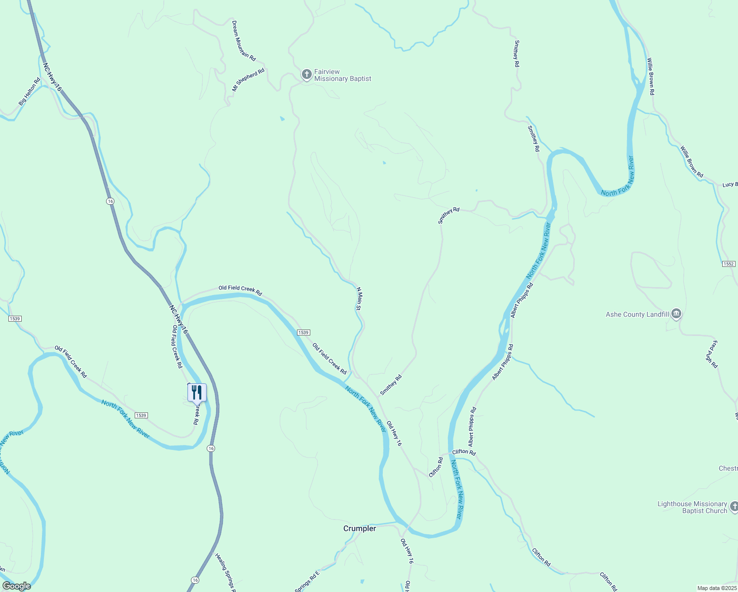 map of restaurants, bars, coffee shops, grocery stores, and more near Healing Springs Road East in Ashe County