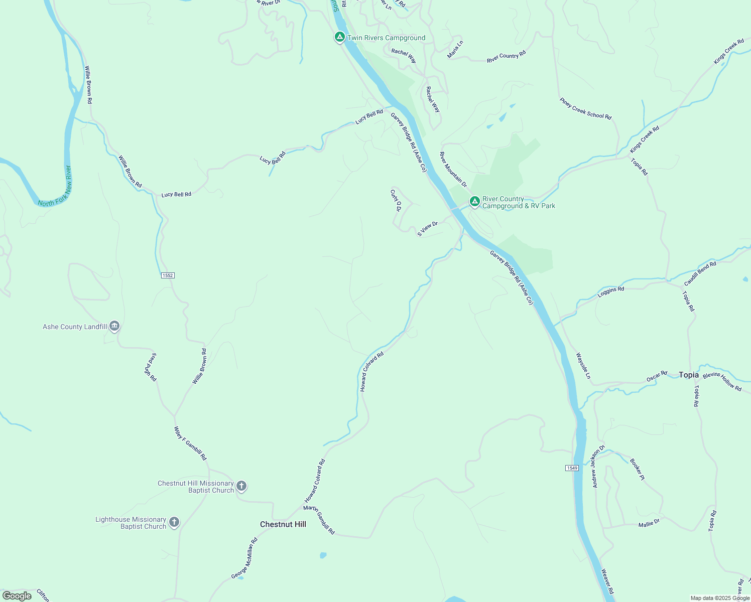 map of restaurants, bars, coffee shops, grocery stores, and more near Keenan Lafate Lane in Ashe County