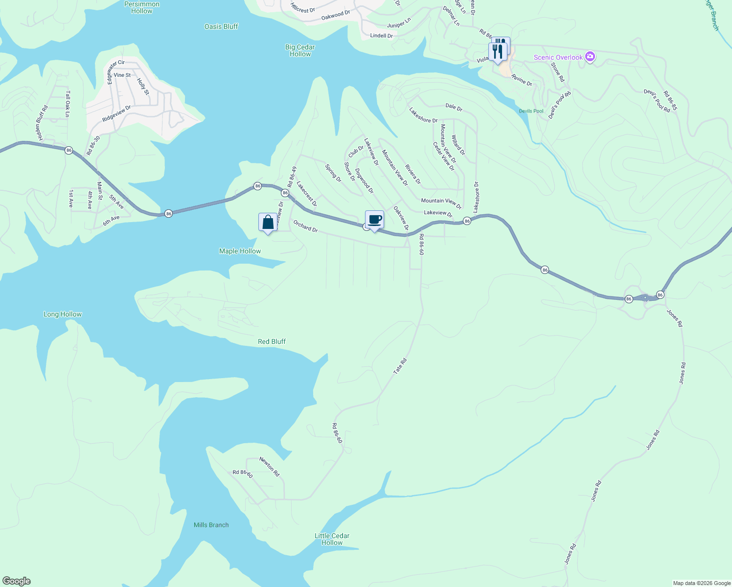 map of restaurants, bars, coffee shops, grocery stores, and more near 235 Peach Lane in Ridgedale