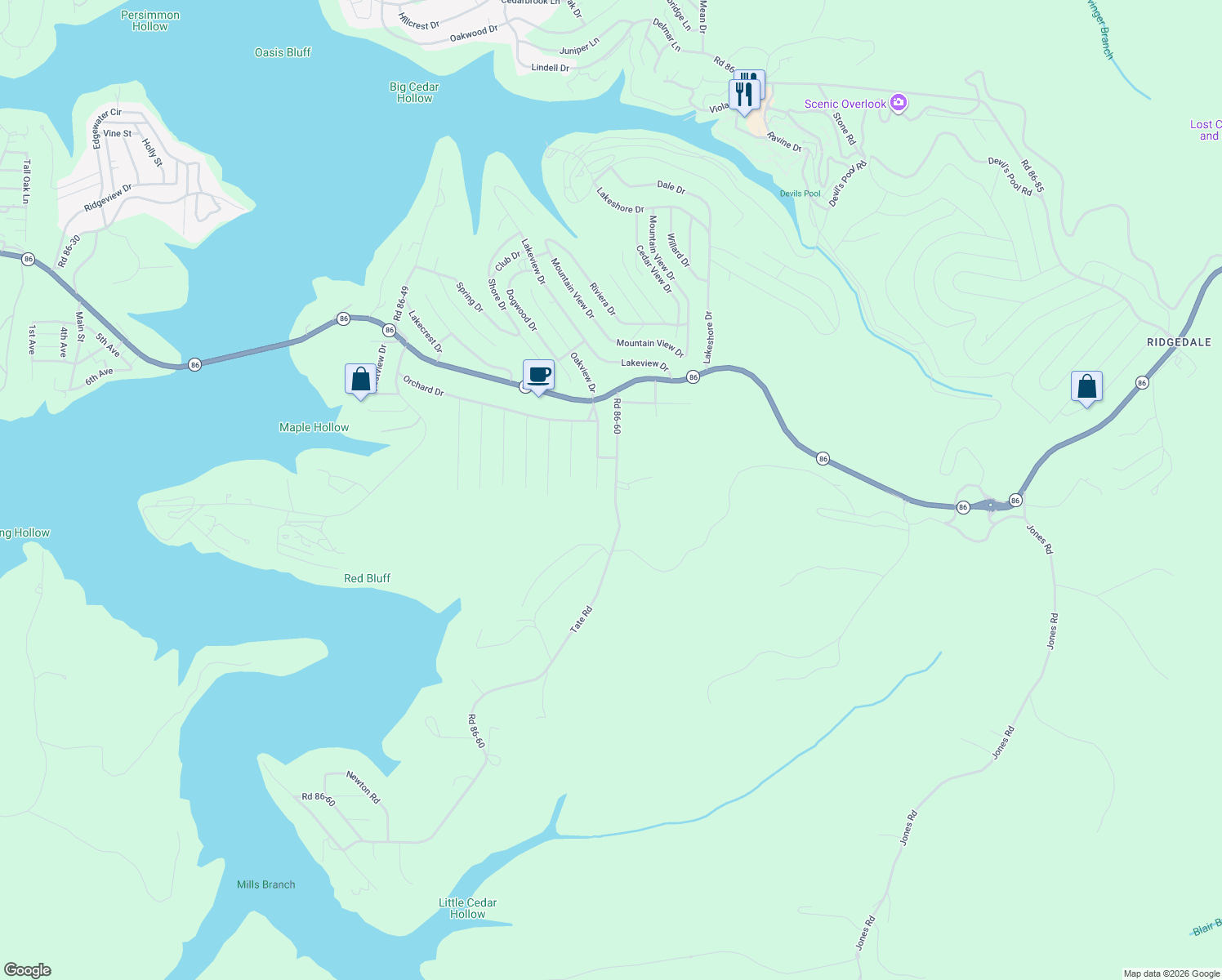 map of restaurants, bars, coffee shops, grocery stores, and more near 501 Road 86-60 in Ridgedale