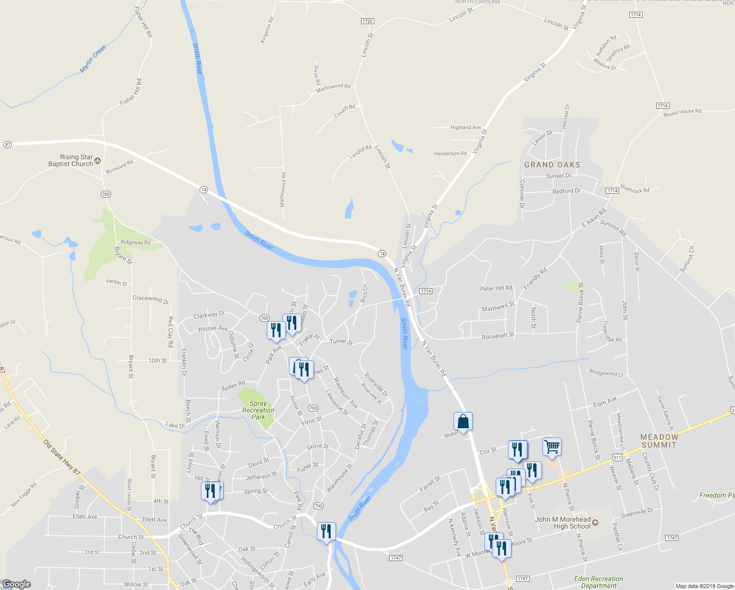 map of restaurants, bars, coffee shops, grocery stores, and more near 734 Gordon Street in Eden