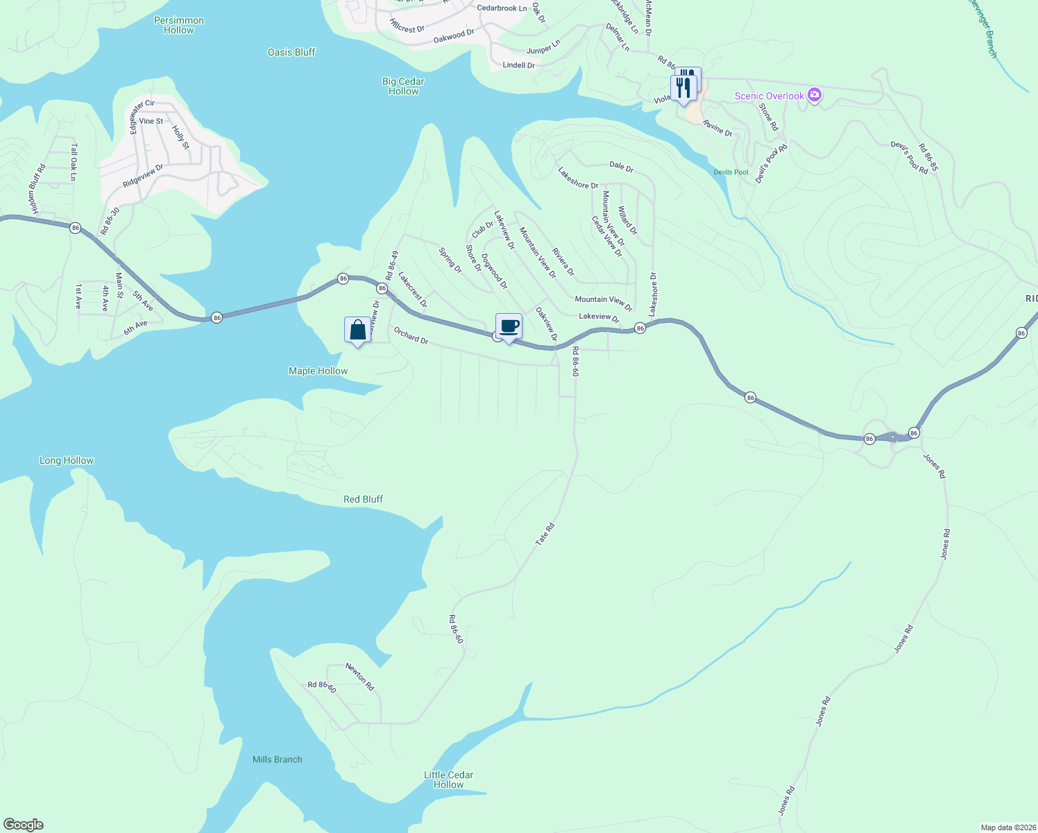 map of restaurants, bars, coffee shops, grocery stores, and more near 271 Mulberry Lane in Taney County