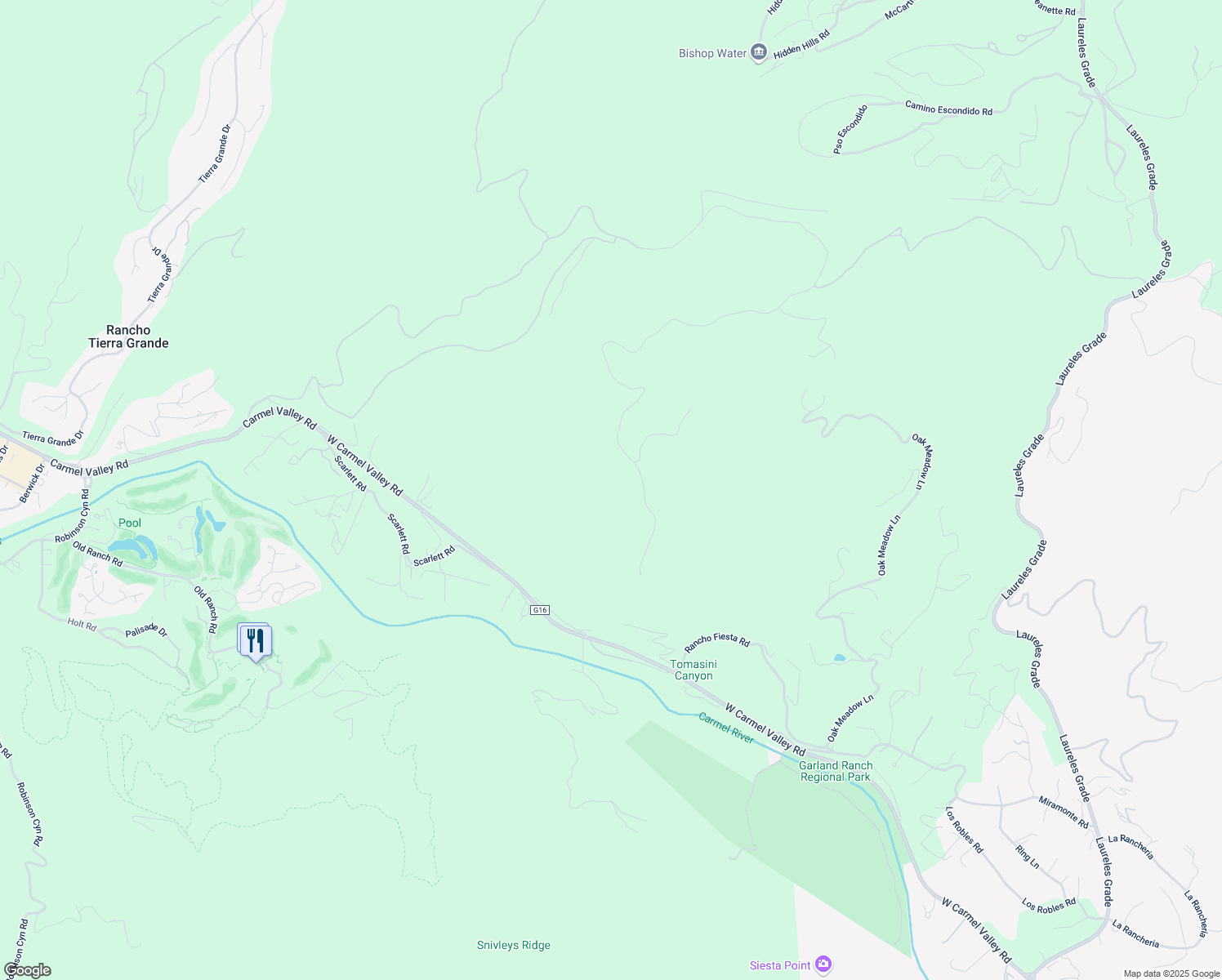 map of restaurants, bars, coffee shops, grocery stores, and more near 27650 Via Quintana in Carmel Valley