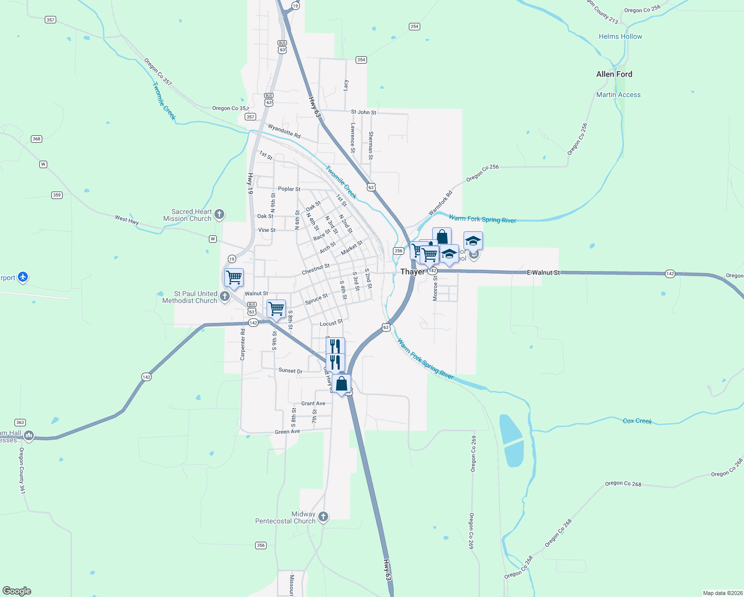 map of restaurants, bars, coffee shops, grocery stores, and more near 398 S 2nd St in Thayer