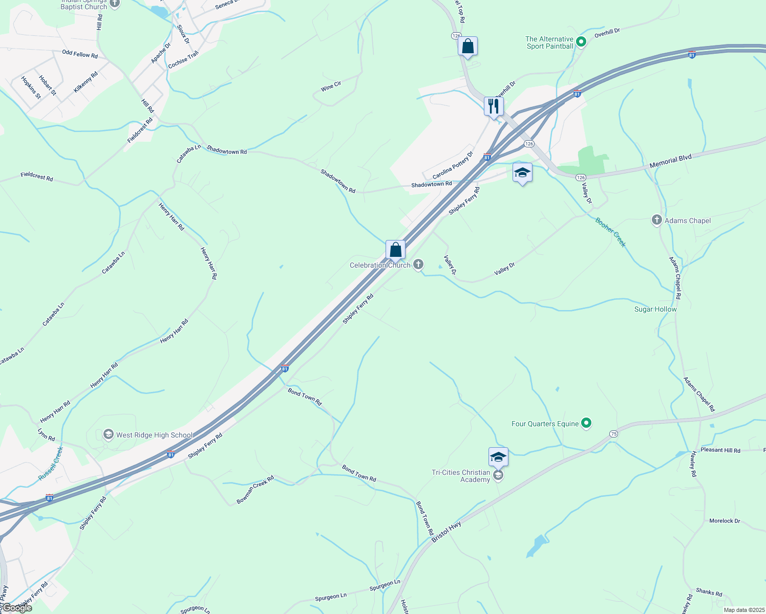 map of restaurants, bars, coffee shops, grocery stores, and more near 515 Shipley Ferry Road in Blountville