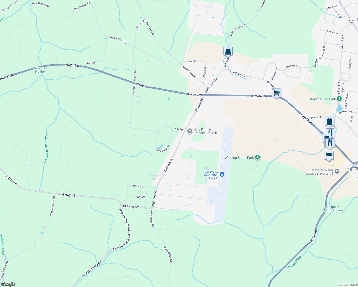 map of restaurants, bars, coffee shops, grocery stores, and more near Old Highway 52 in Lafayette