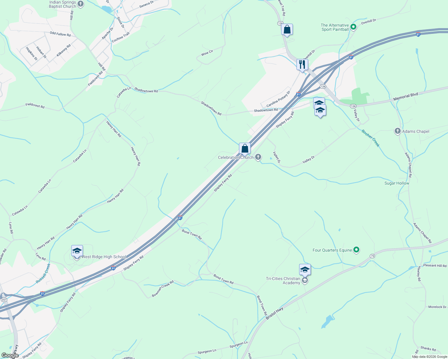 map of restaurants, bars, coffee shops, grocery stores, and more near 534 Shipley Ferry Road in Blountville