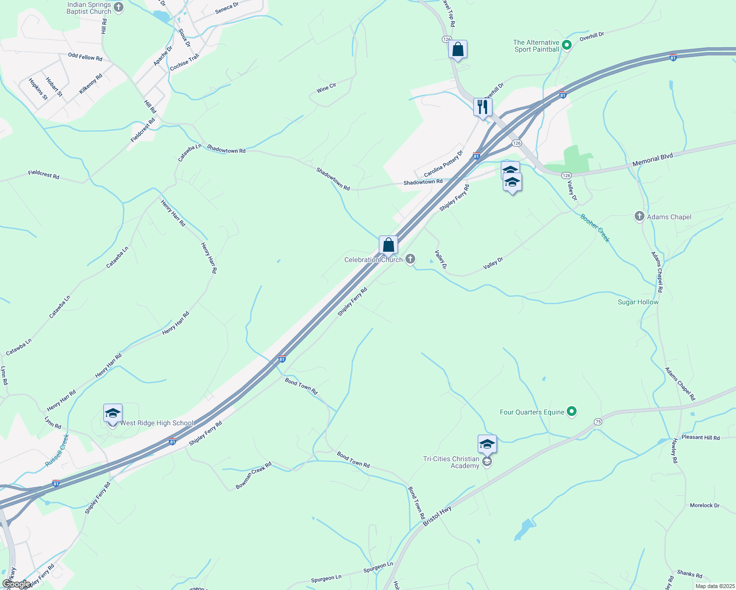 map of restaurants, bars, coffee shops, grocery stores, and more near 515 Shipley Ferry Rd in Blountville