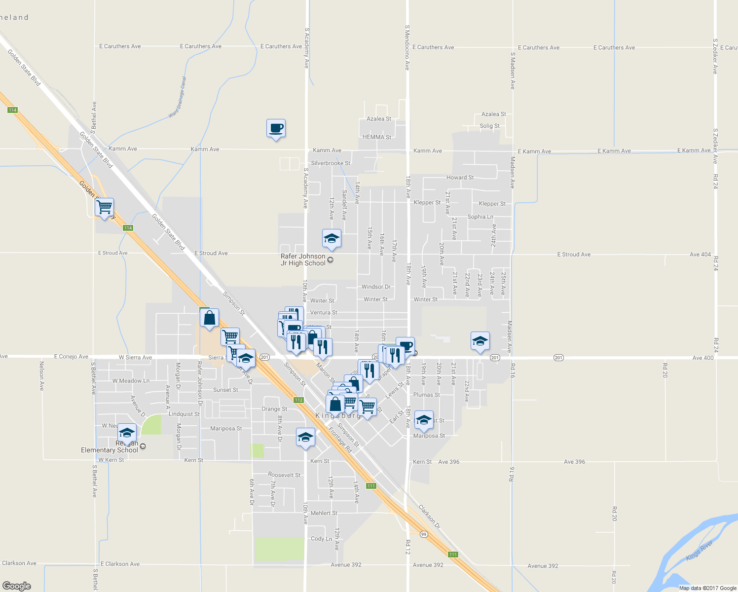 map of restaurants, bars, coffee shops, grocery stores, and more near 1433 Winter Street in Kingsburg