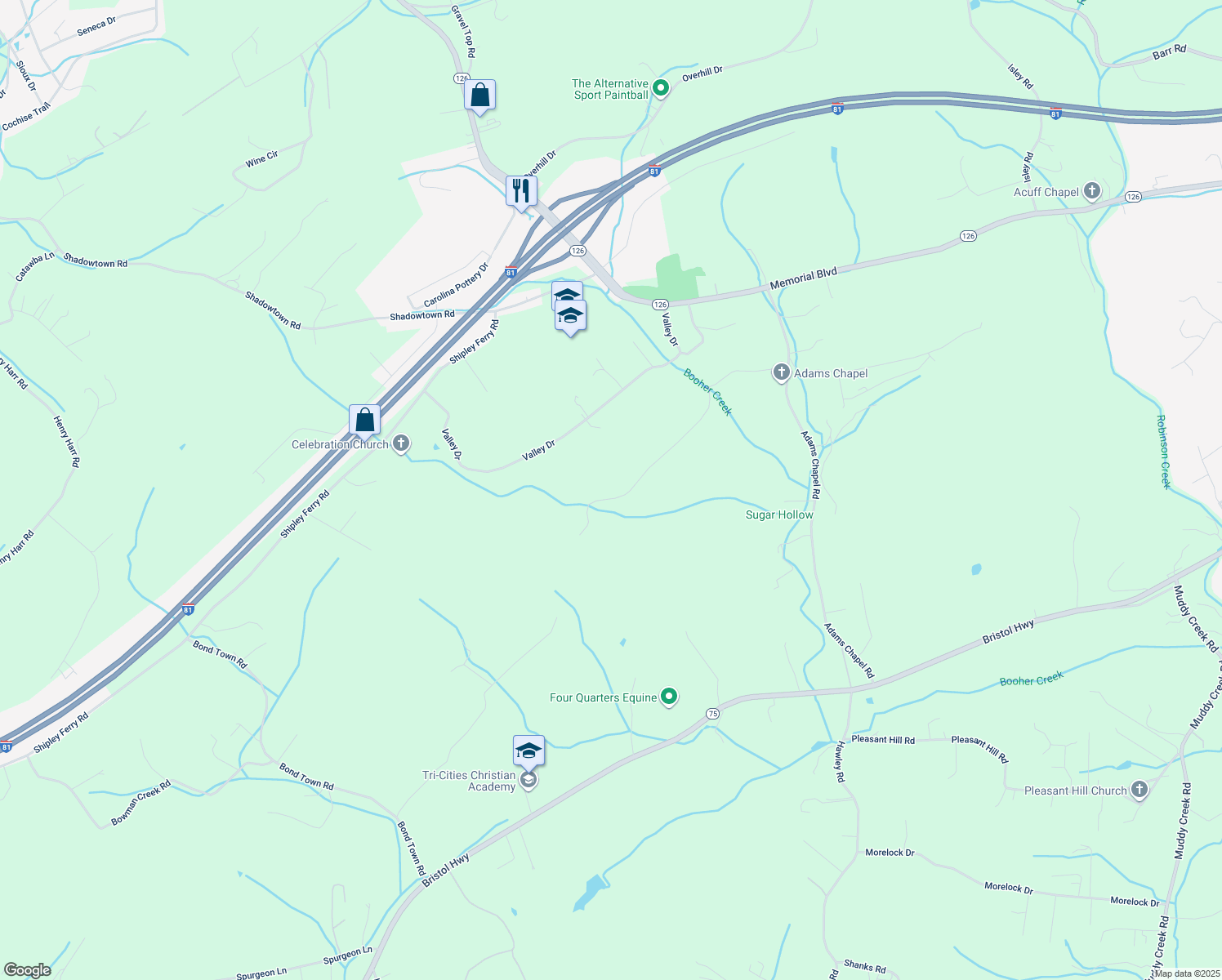 map of restaurants, bars, coffee shops, grocery stores, and more near 368 Adams Road in Blountville
