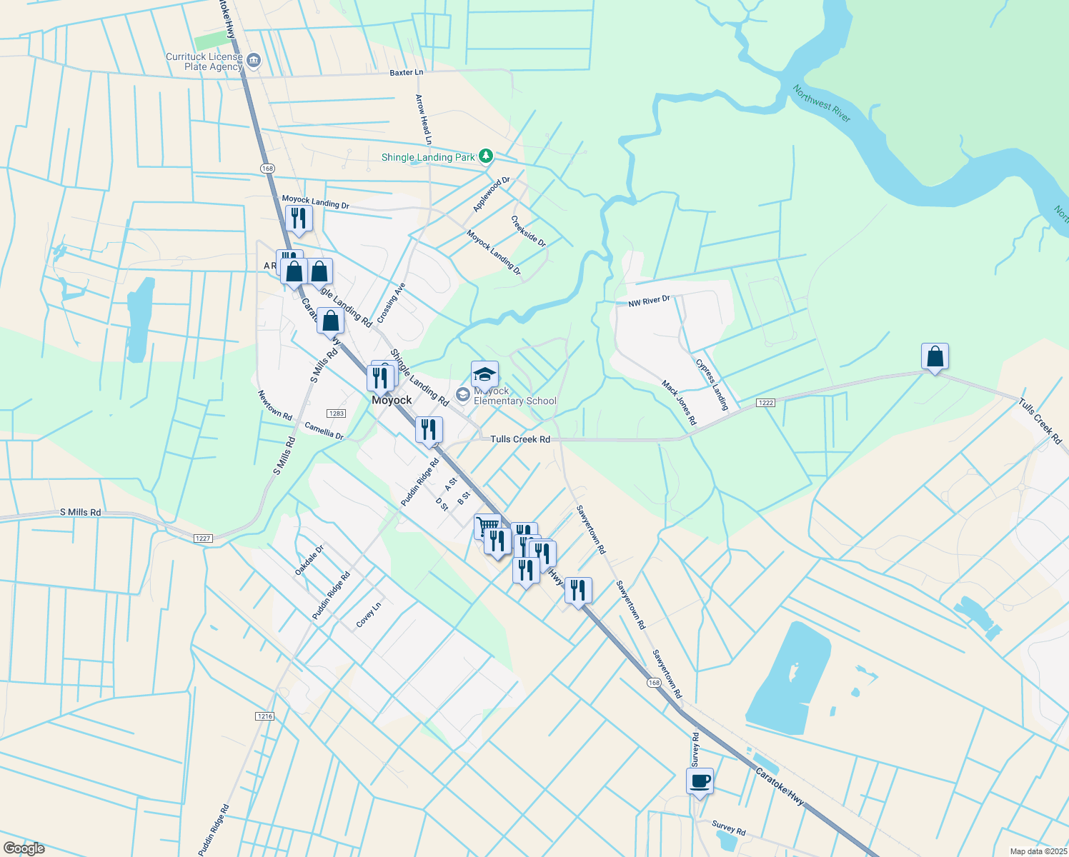 map of restaurants, bars, coffee shops, grocery stores, and more near 103 Surf Scoter Loop in Currituck