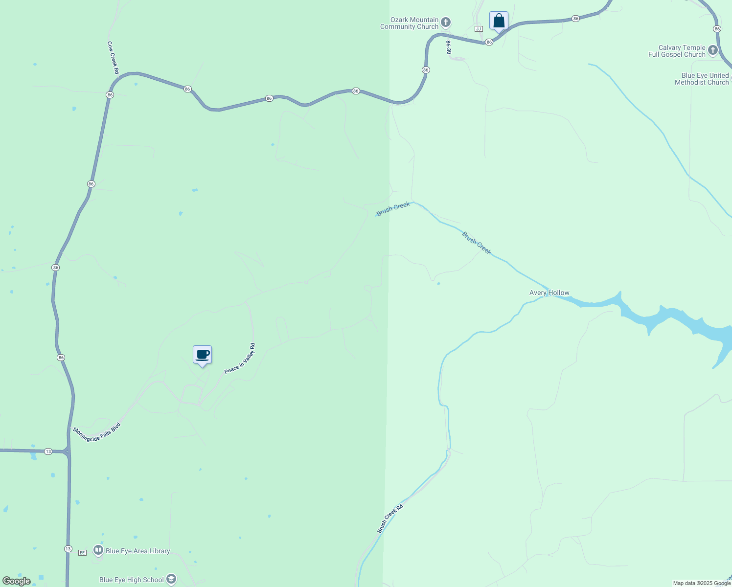 map of restaurants, bars, coffee shops, grocery stores, and more near Morningside Falls Boulevard in Blue Eye