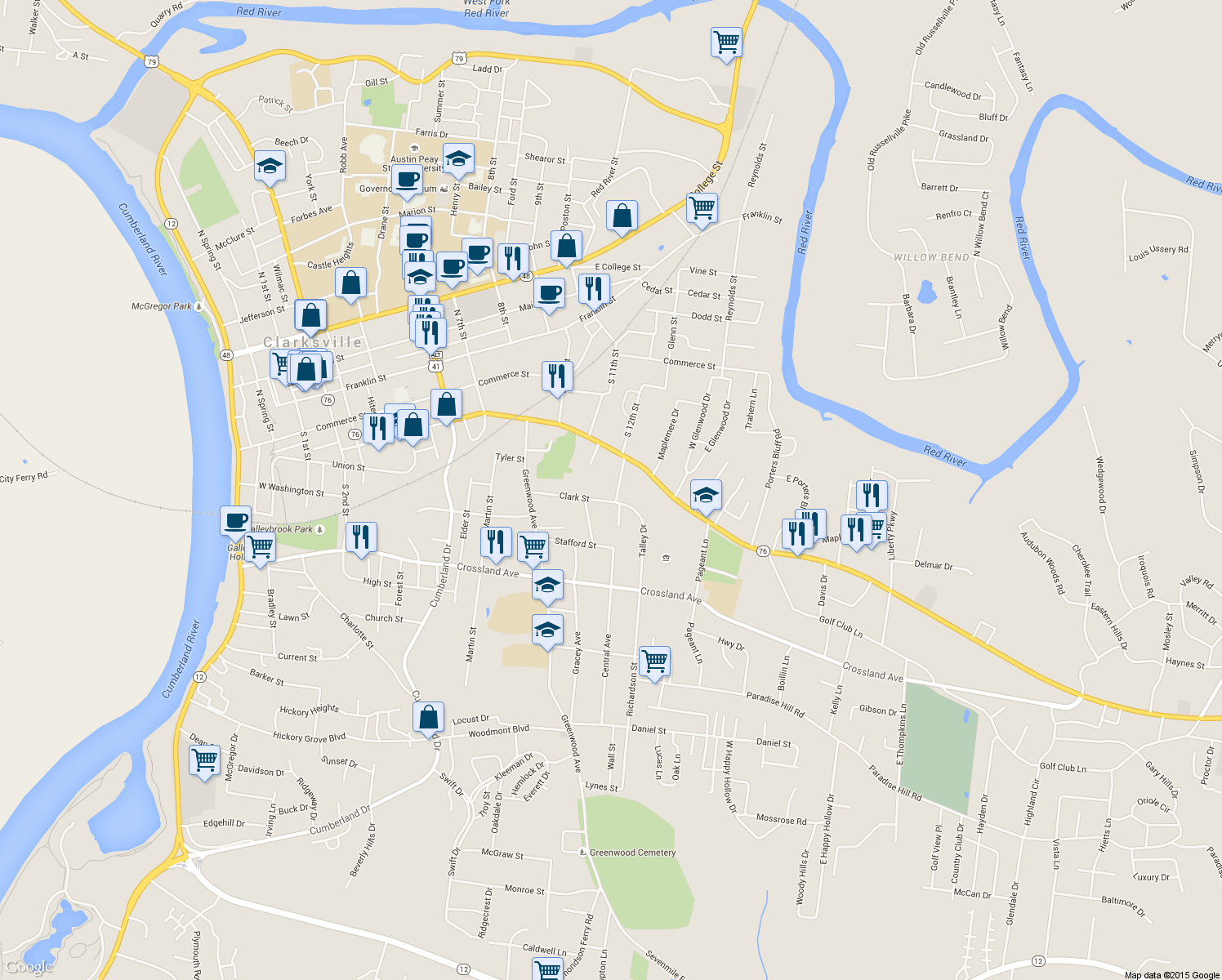 map of restaurants, bars, coffee shops, grocery stores, and more near 326 Conroy Ave in Clarksville