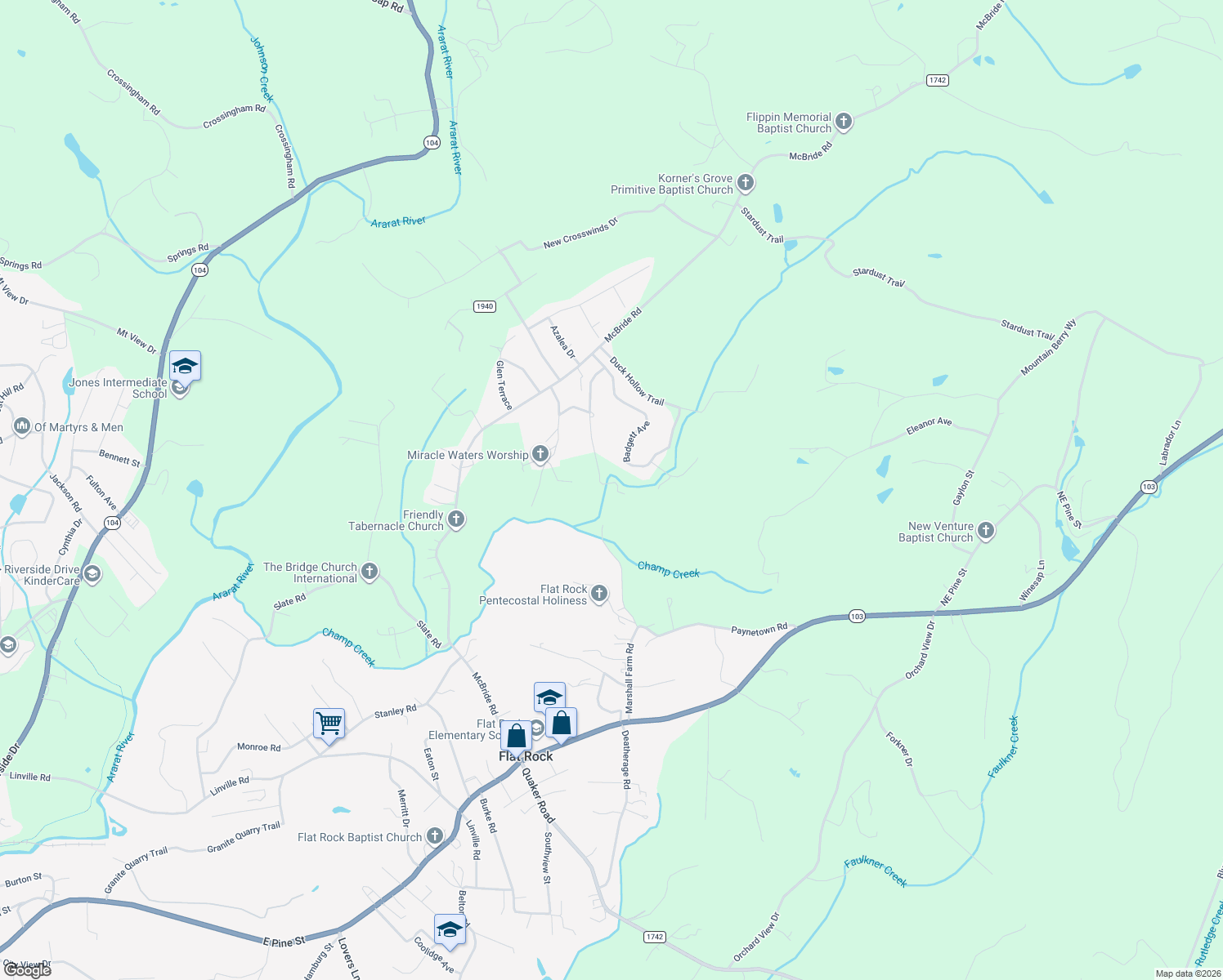 map of restaurants, bars, coffee shops, grocery stores, and more near 314 Graystone Road in Mount Airy
