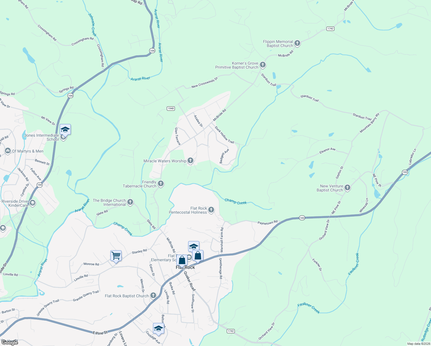map of restaurants, bars, coffee shops, grocery stores, and more near 314 Graystone Road in Mount Airy