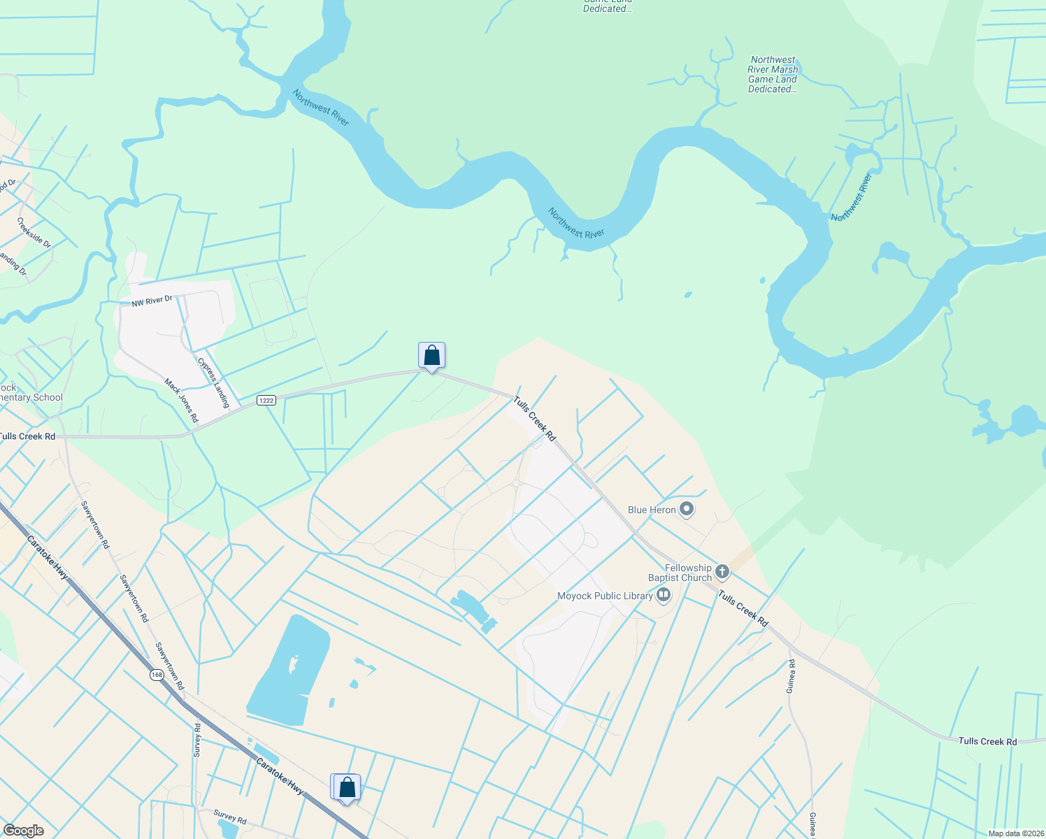 map of restaurants, bars, coffee shops, grocery stores, and more near 684 Tulls Creek Rd in Currituck