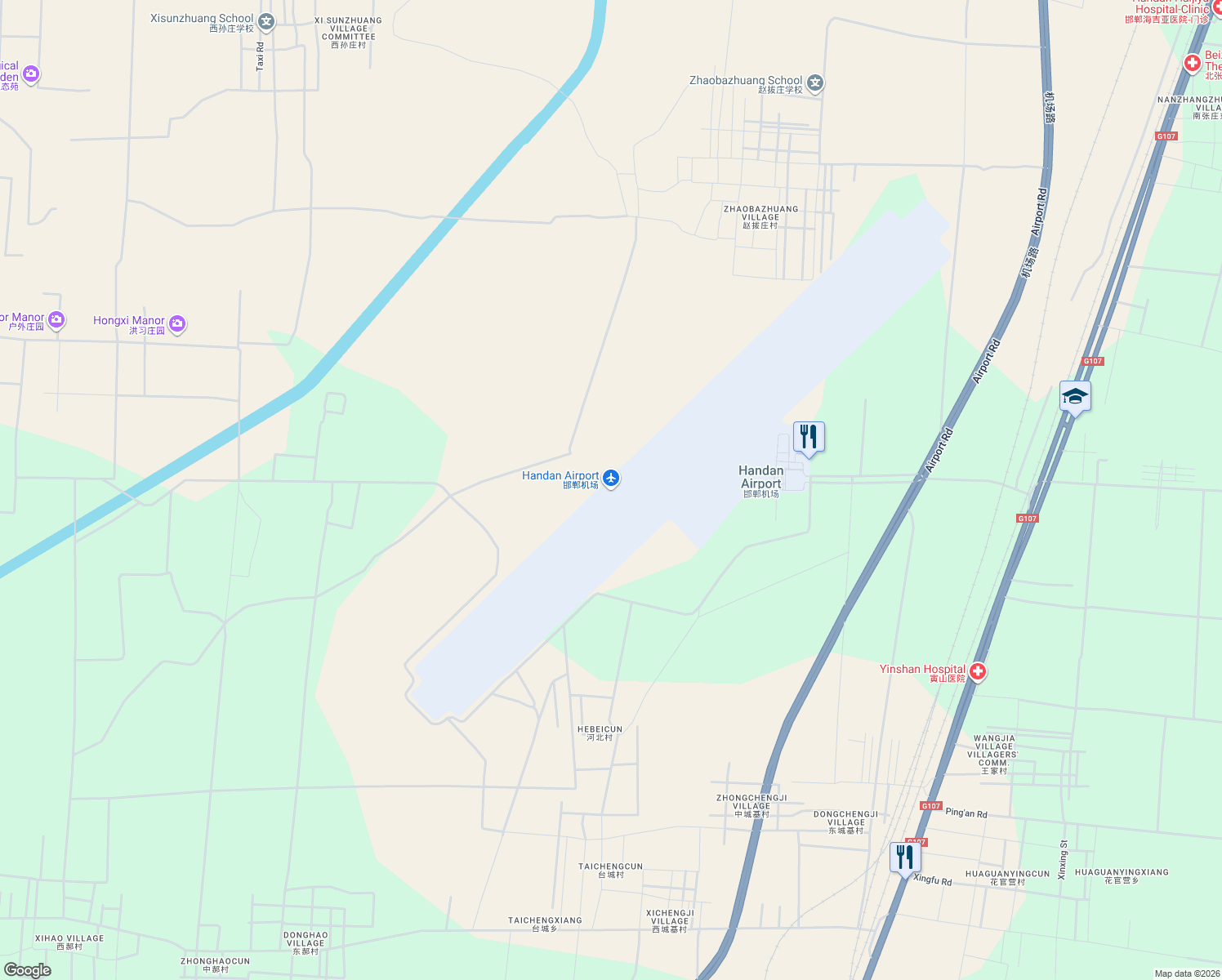 map of restaurants, bars, coffee shops, grocery stores, and more near 1号 机场民航路 in Han Dan Shi