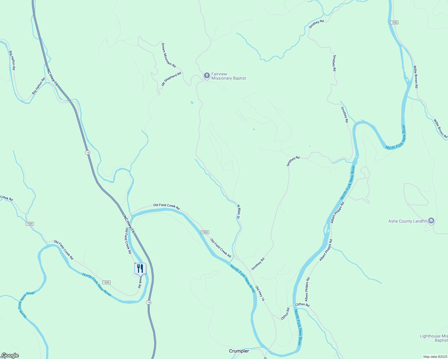 map of restaurants, bars, coffee shops, grocery stores, and more near North Carolina Highway 16 in Grassy Creek
