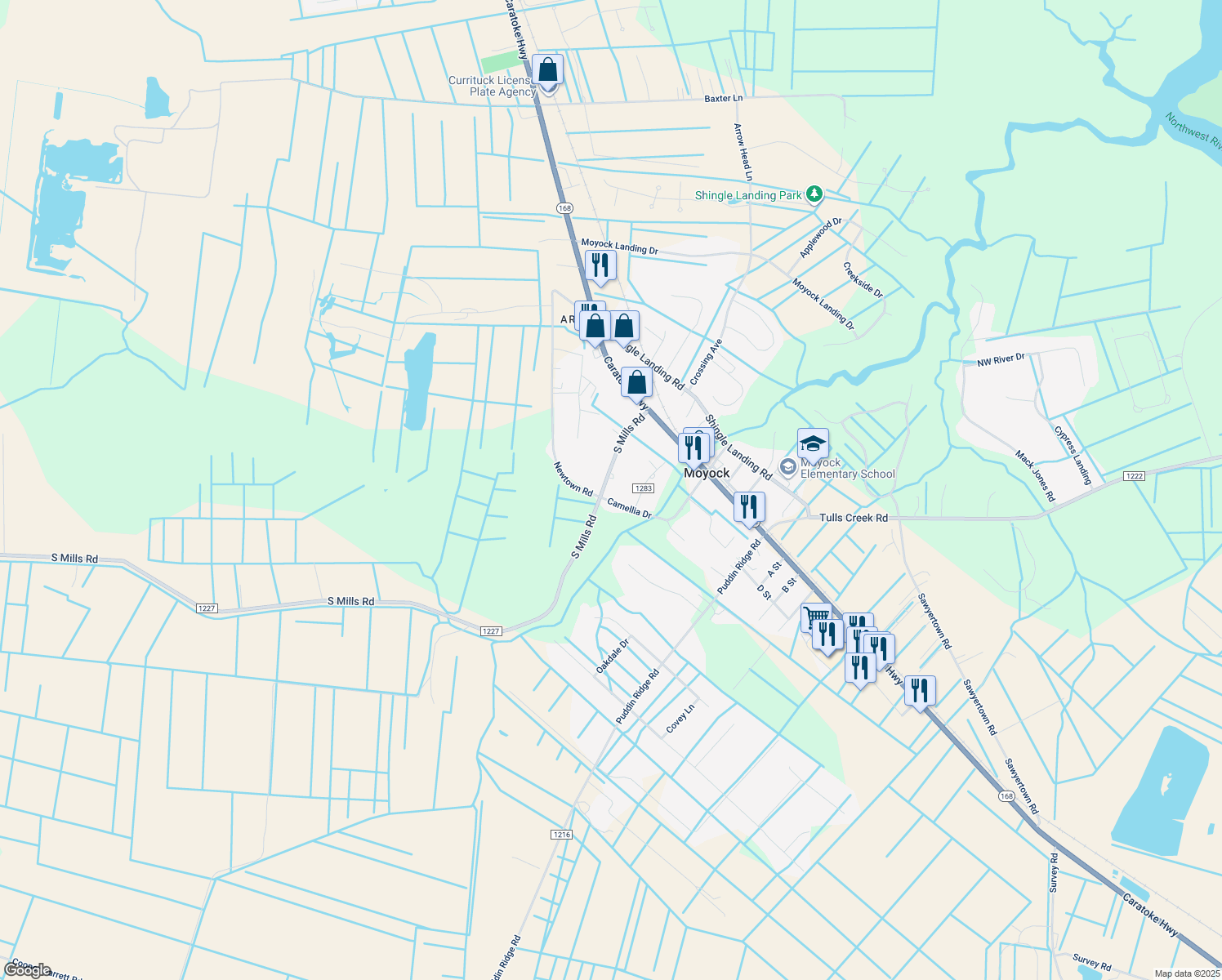 map of restaurants, bars, coffee shops, grocery stores, and more near 157 South Mills Road in Moyock
